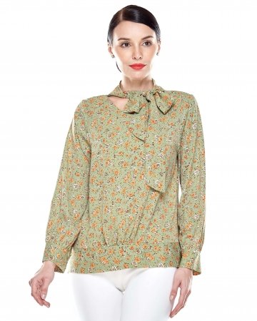 Green Floral Pussy Bow Blouse
