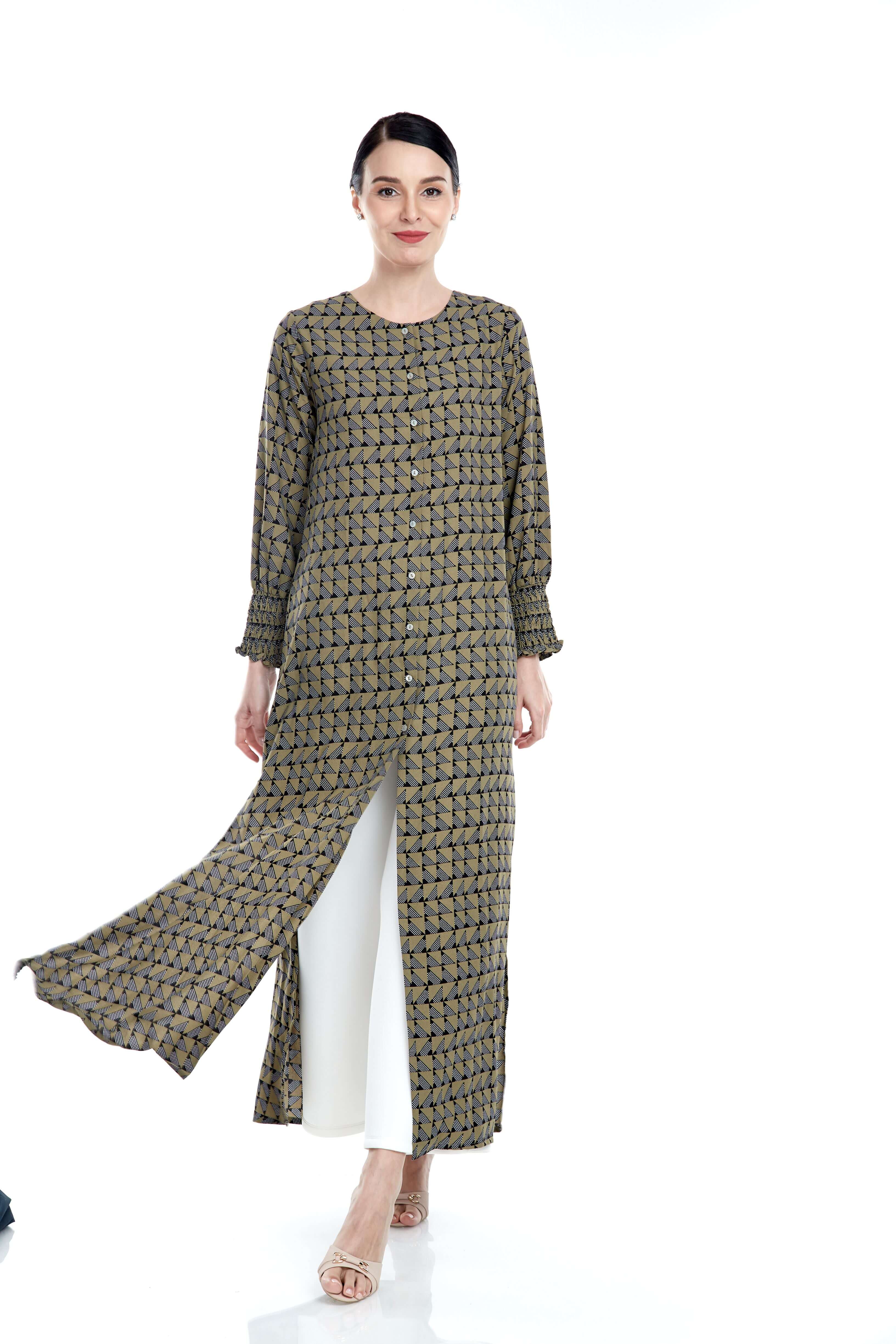 Army Green Printed Long Dress With Smocking Sleeve (3)