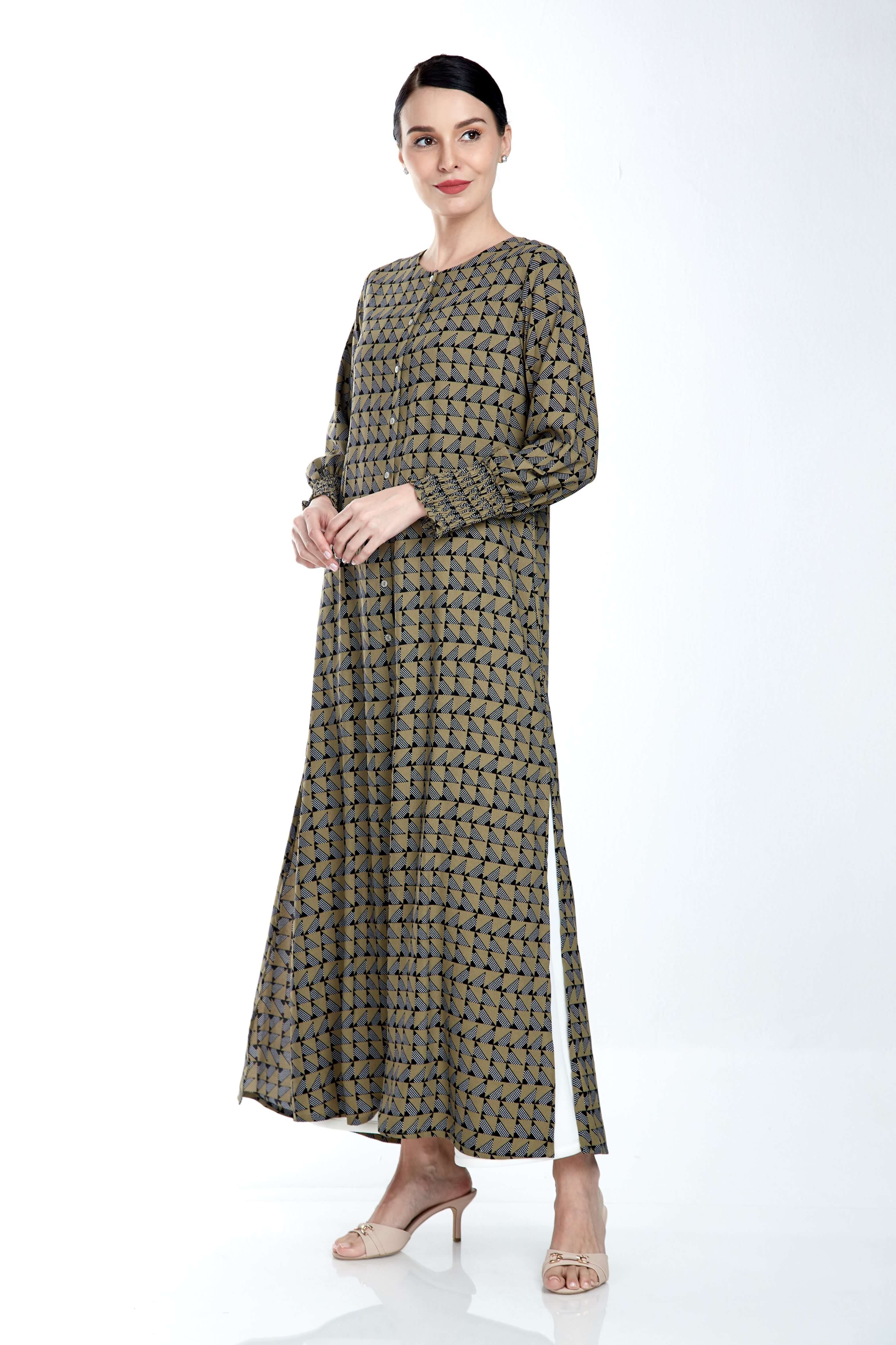 Army Green Printed Long Dress With Smocking Sleeve (5)
