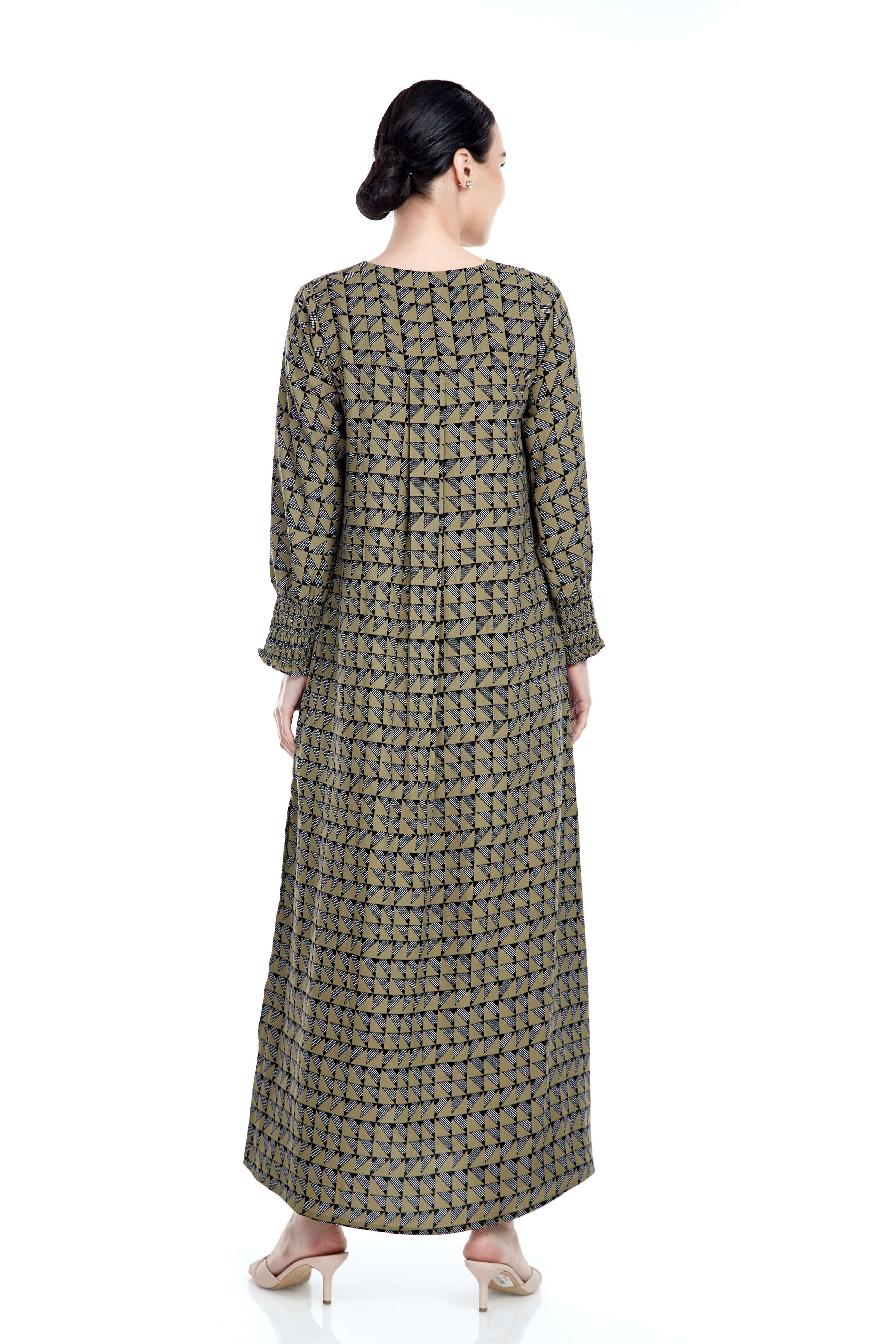 Army Green Printed Long Dress With Smocking Sleeve (6)