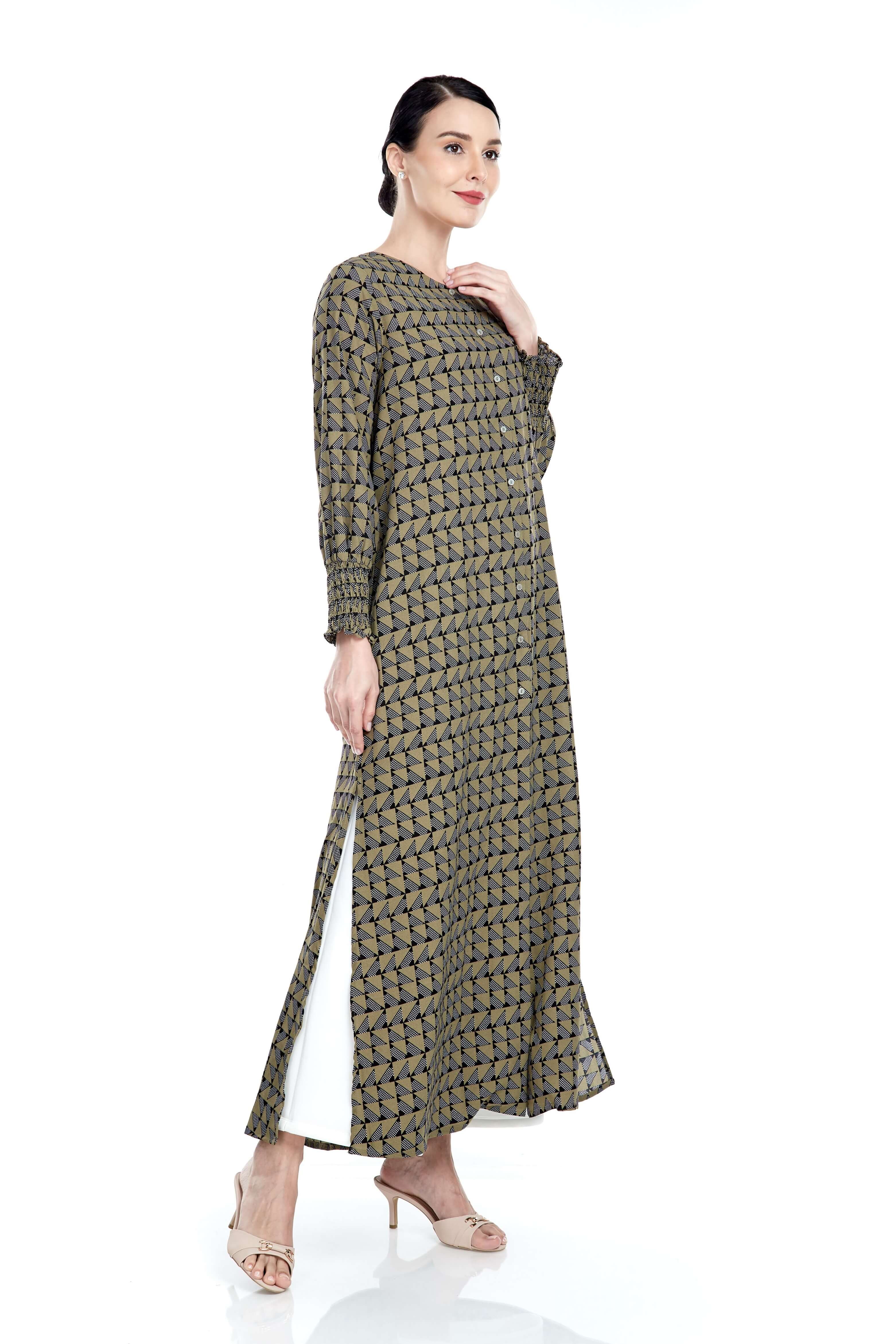 Army Green Printed Long Dress With Smocking Sleeve (7)