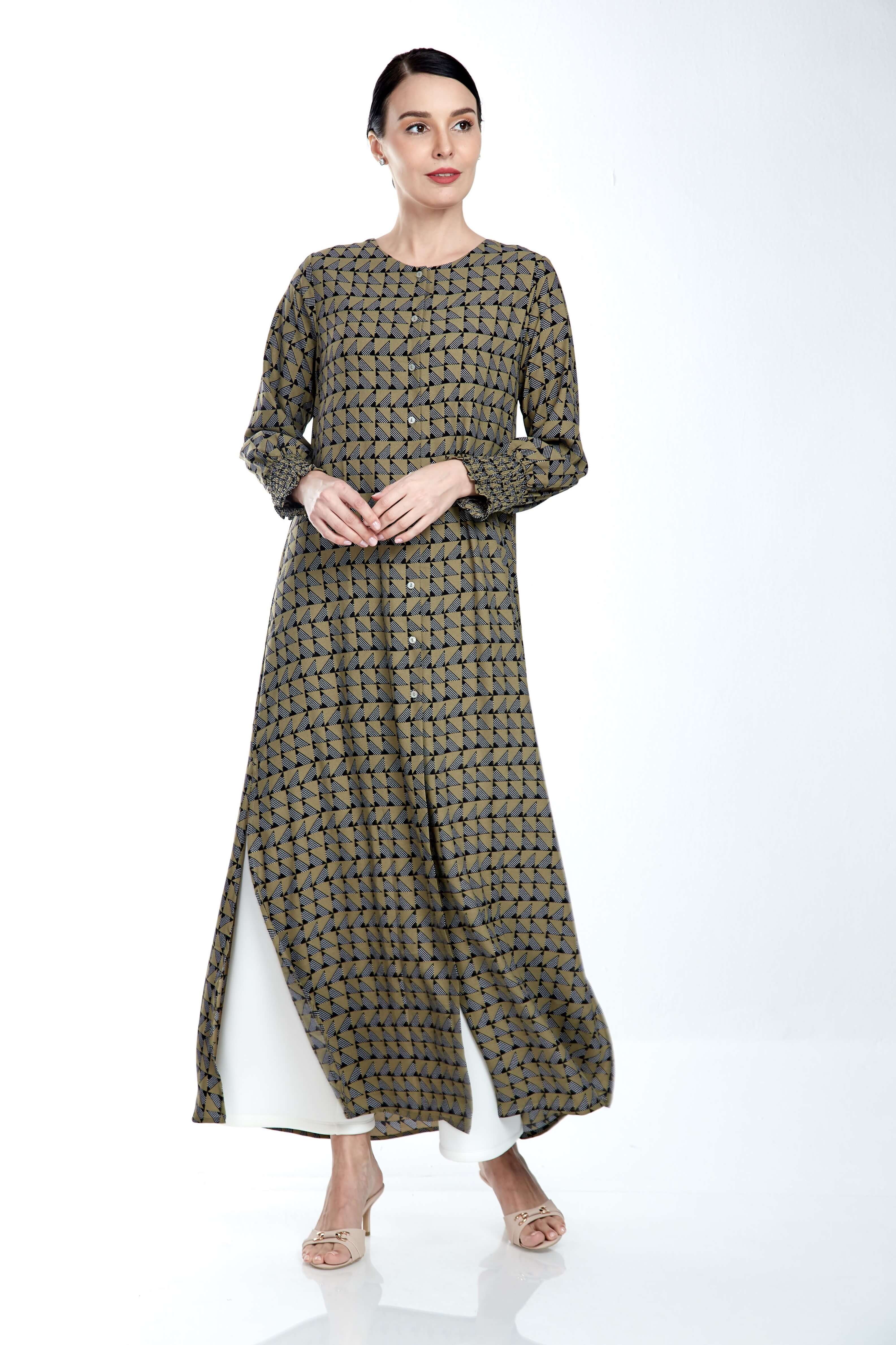 Army Green Printed Long Dress With Smocking Sleeve