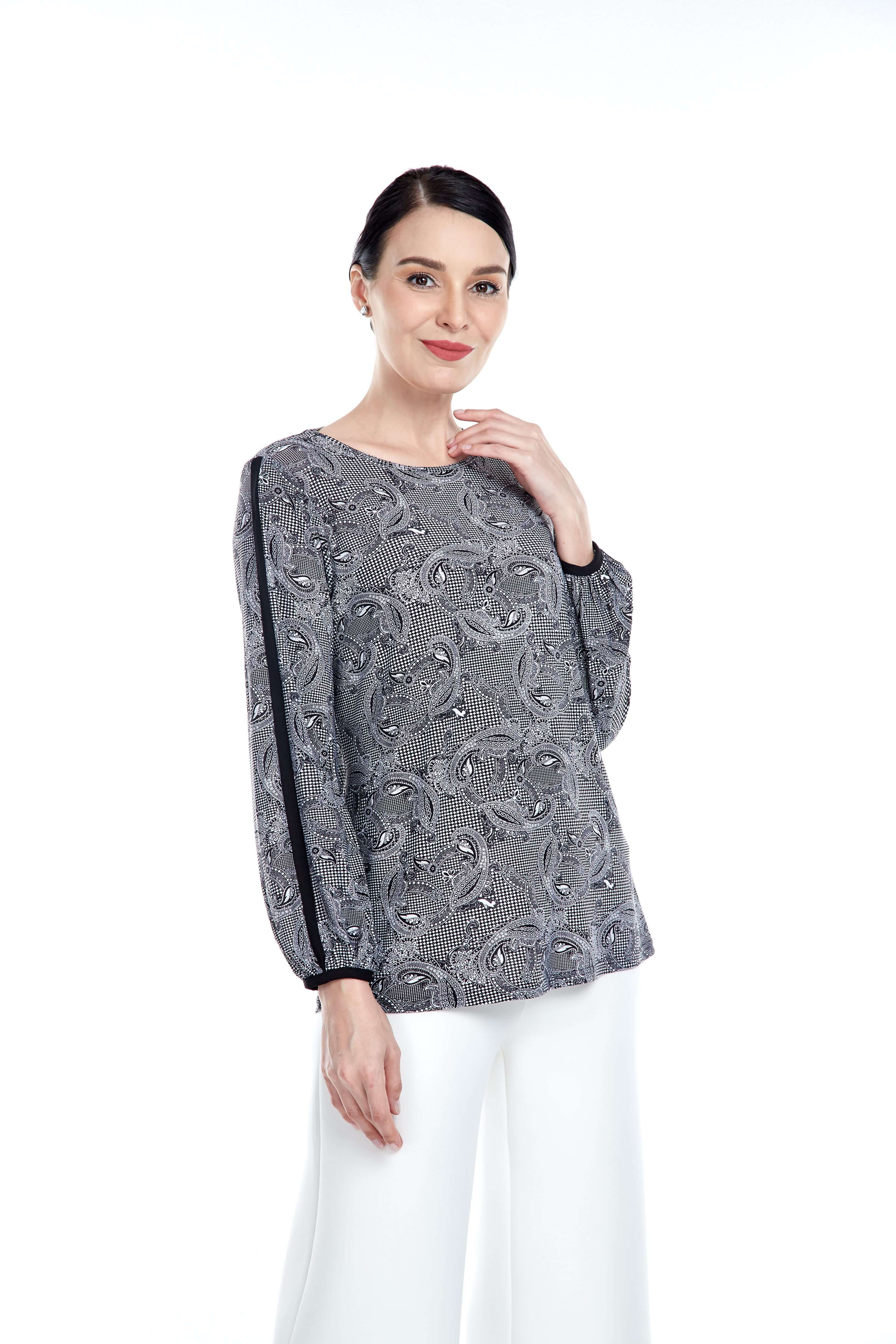 Black Pasley Round Neck Blouse With Piping Sleeve (5)