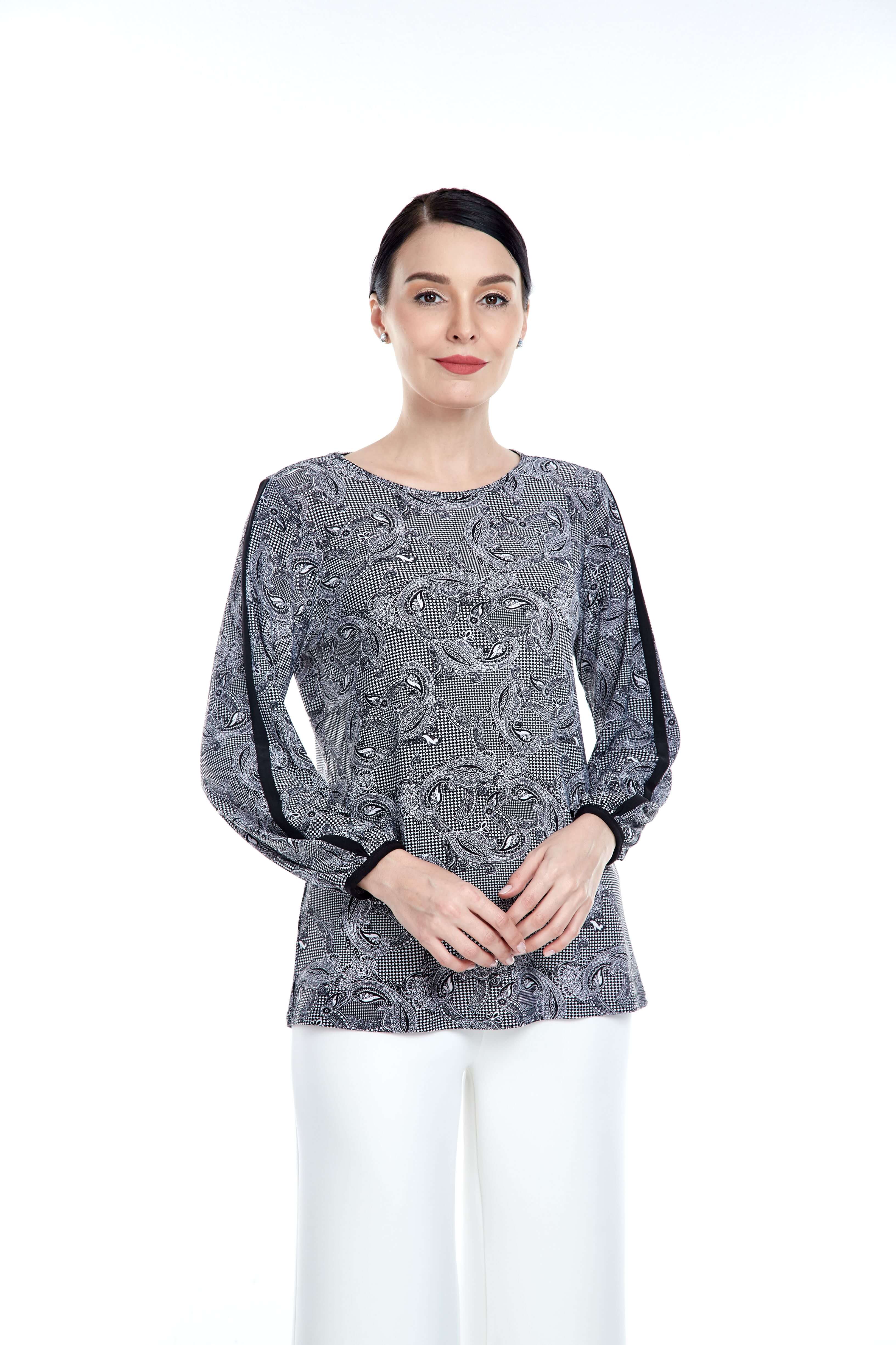 Black Pasley Round Neck Blouse With Piping Sleeve