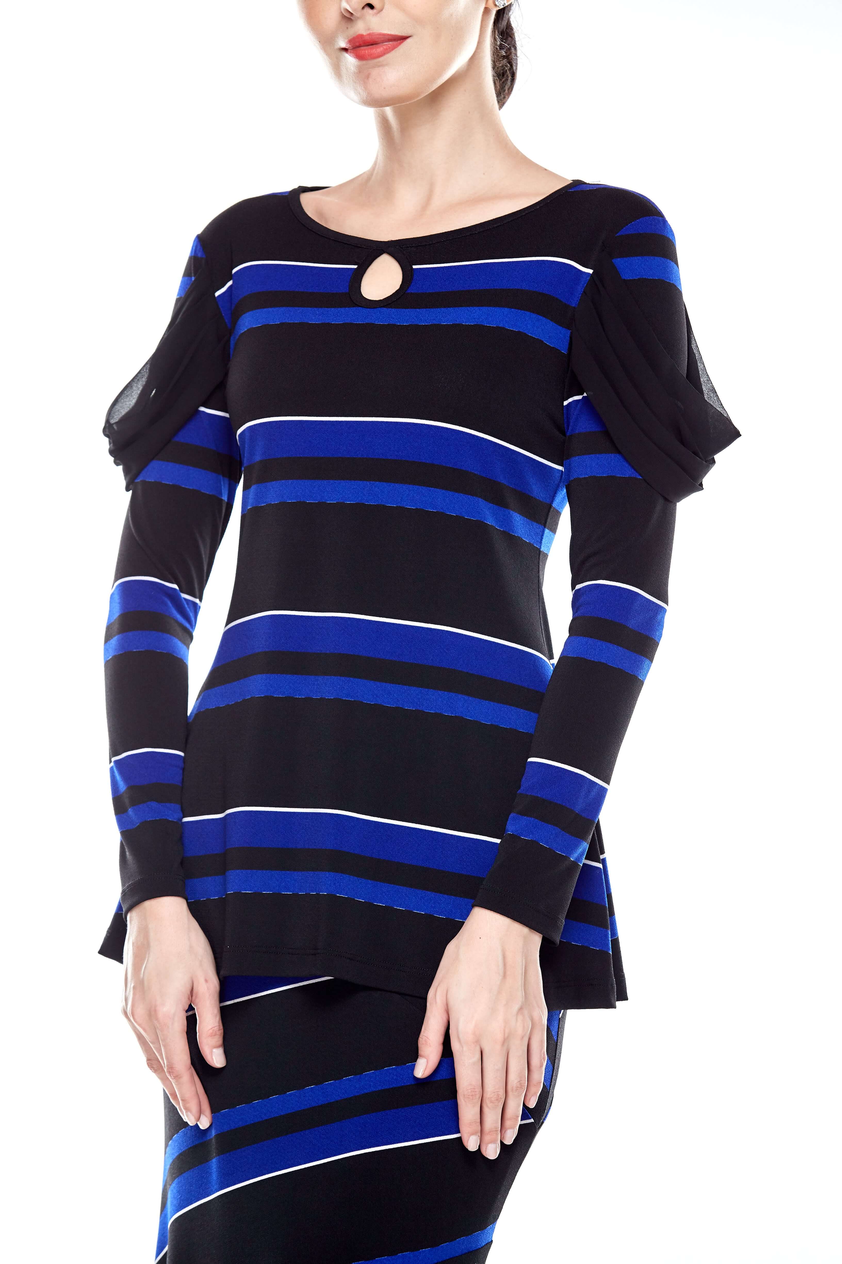 Blue-Black Striped Drape Chiffon Sleeve Top (3)