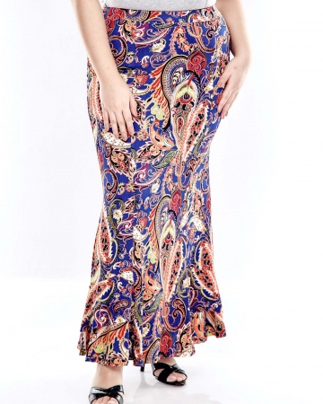 Blue Printed Long Skirt With Frills