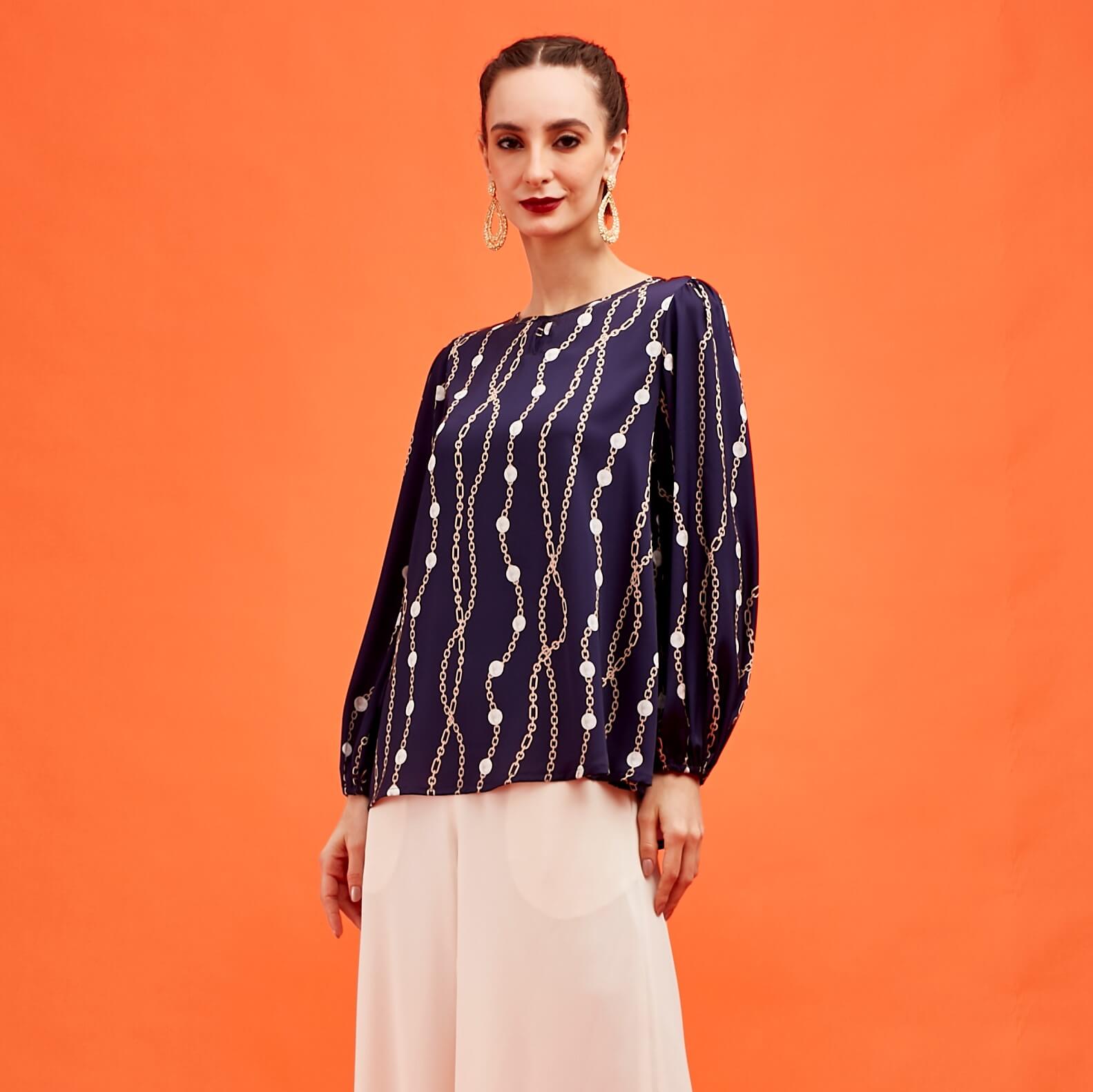 Willa Navy Blue Chain Printed Blouse