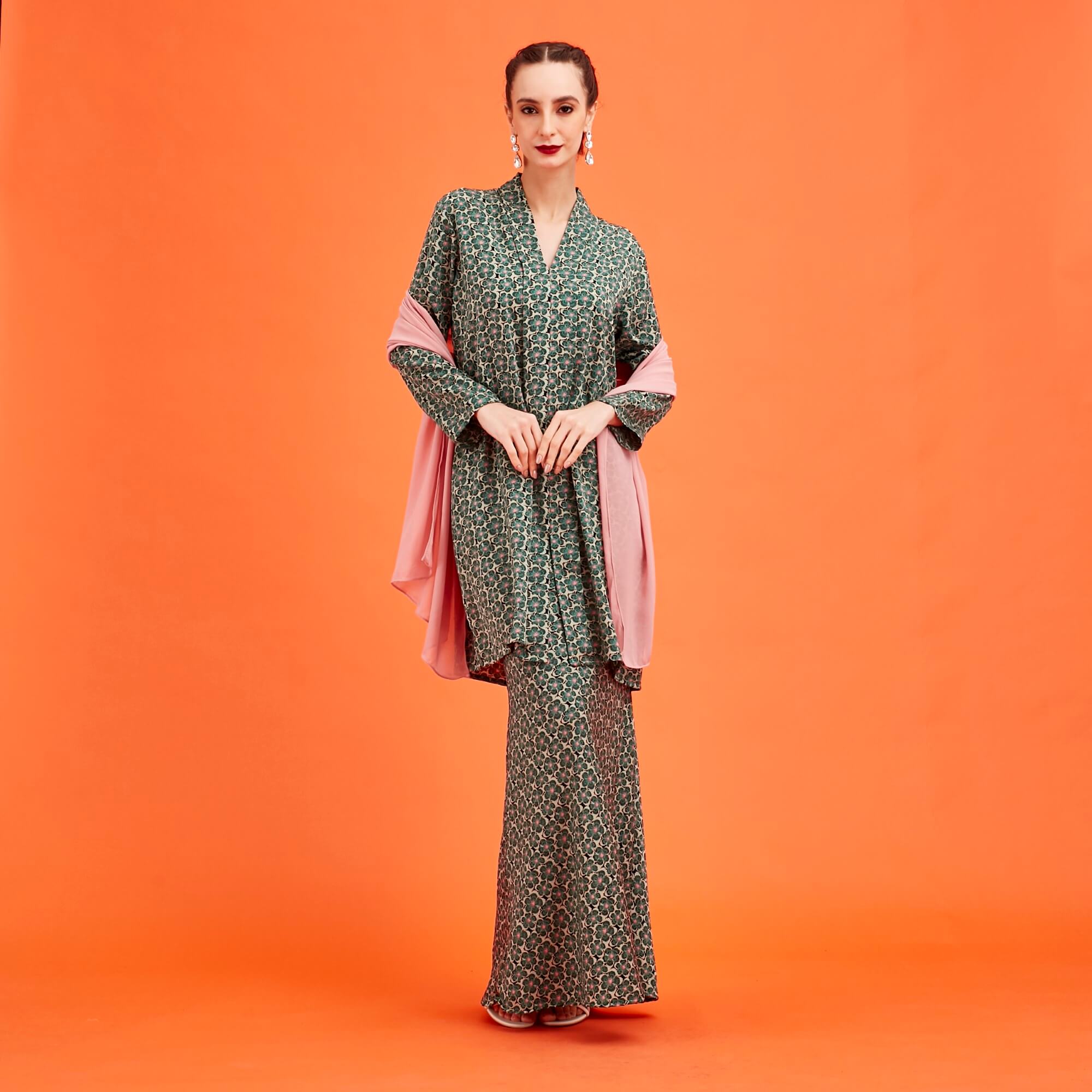 Lana Dark Green Floral Printed Kebaya & Skirts (Set) (2)