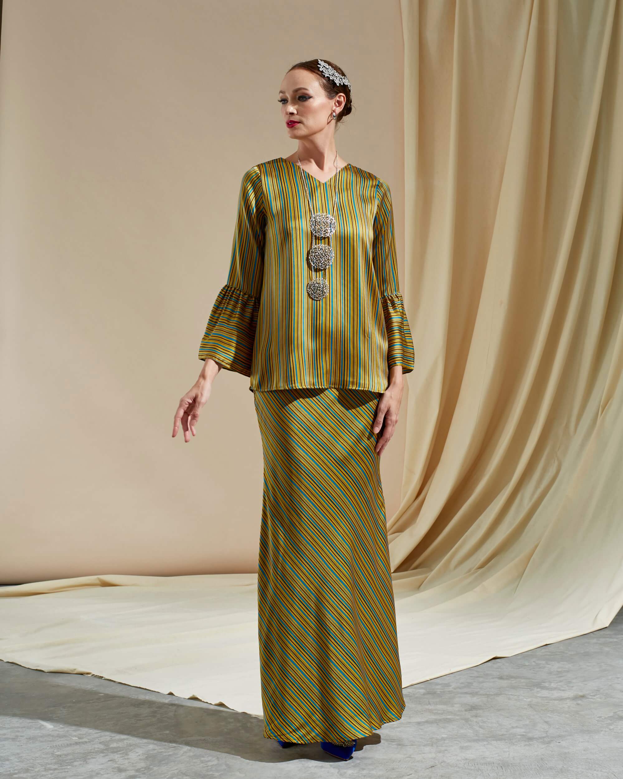 Winda Mustard Yellow Stripe Printed Blouse & Skirts (Set) (2)