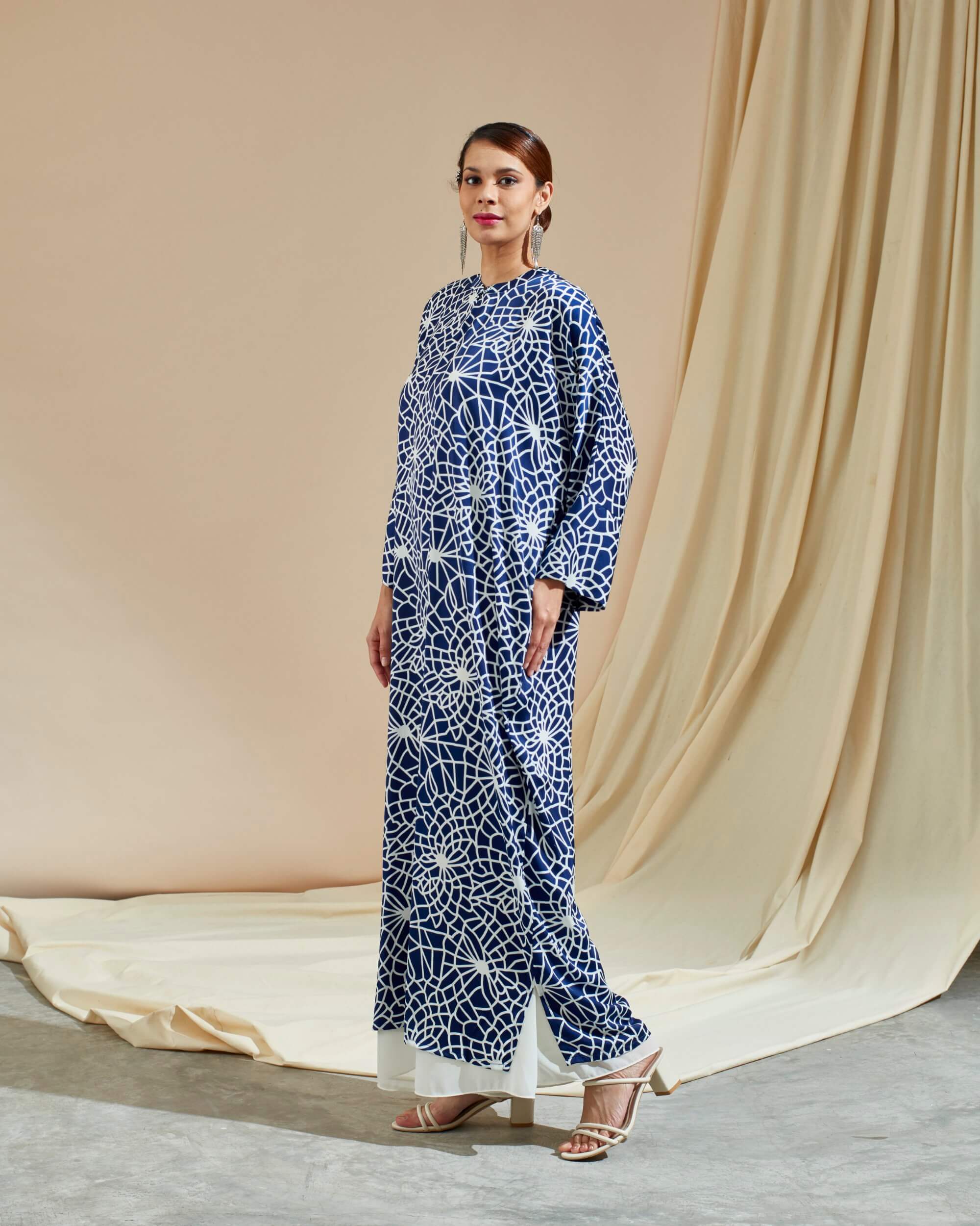 Bainun Navy Blue Abstract Printed Dress (2)