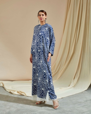 Bainun Navy Blue Abstract Printed Dress