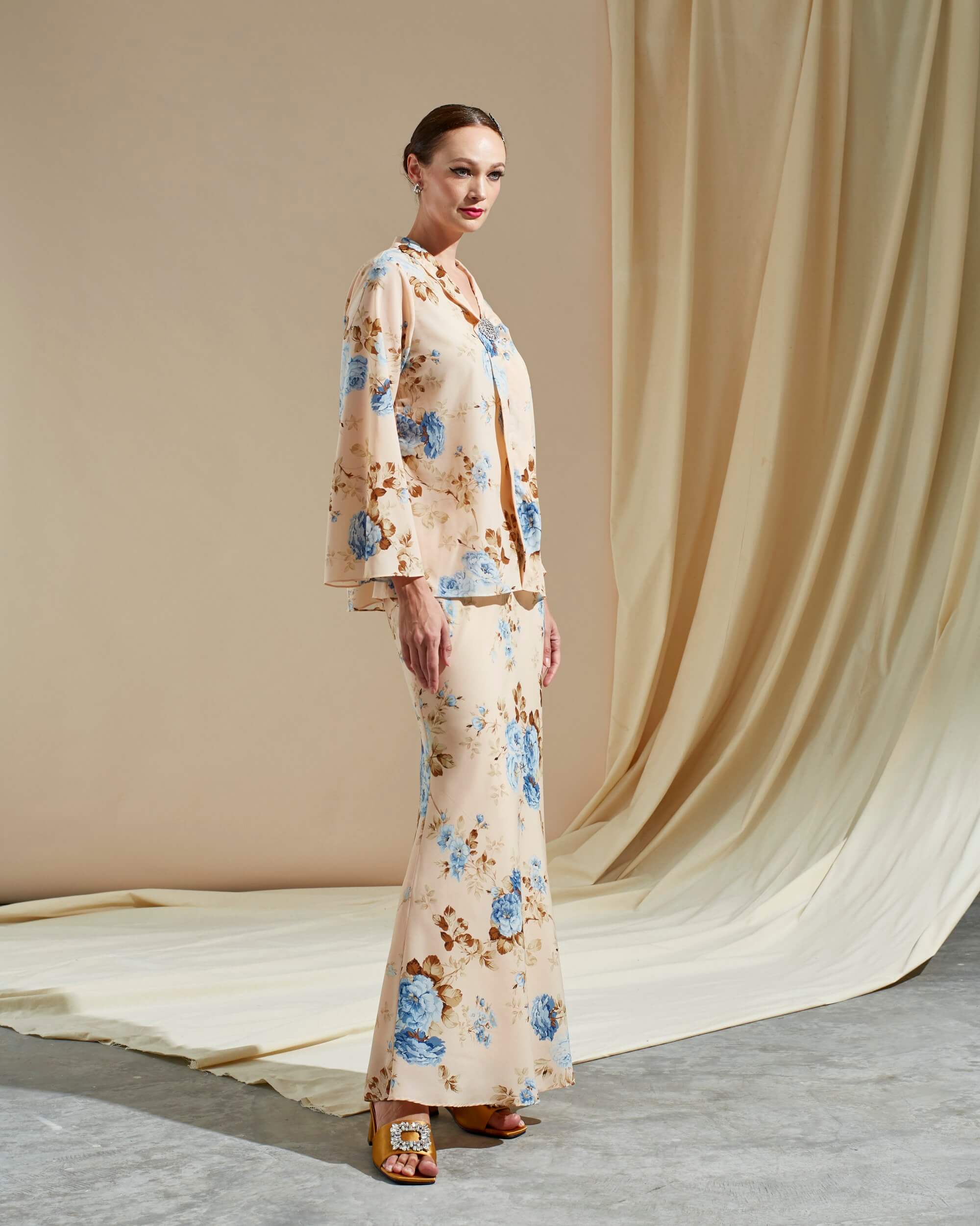 Wasifa Beige Floral Printed Kebaya & Skirt (Set) (2)