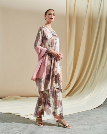 Zafra Beige Water Colour Printed Long Blouse & Skirt (Set)