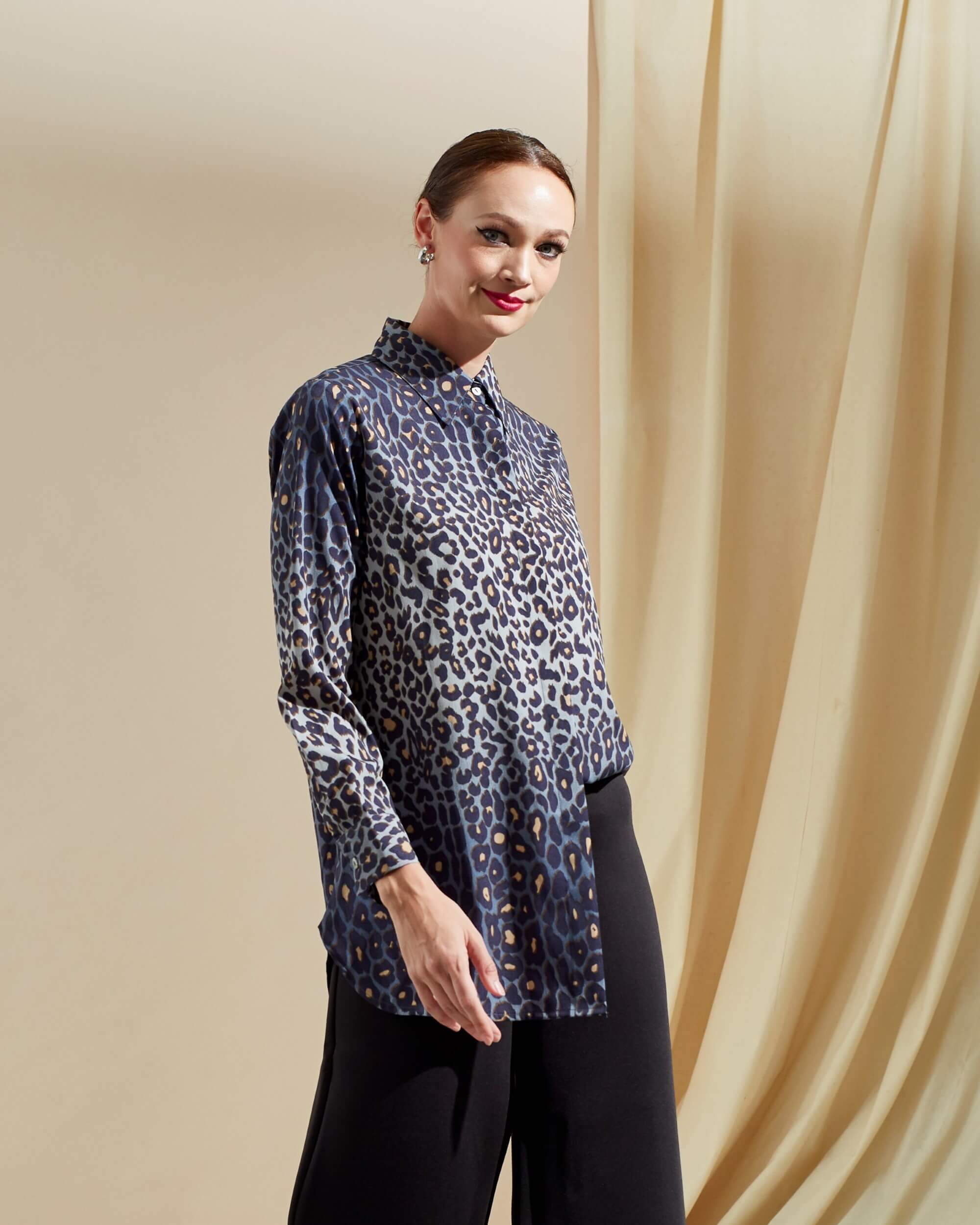 Niki Dusty Blue Leopard Printed Shirt Blouse (4)