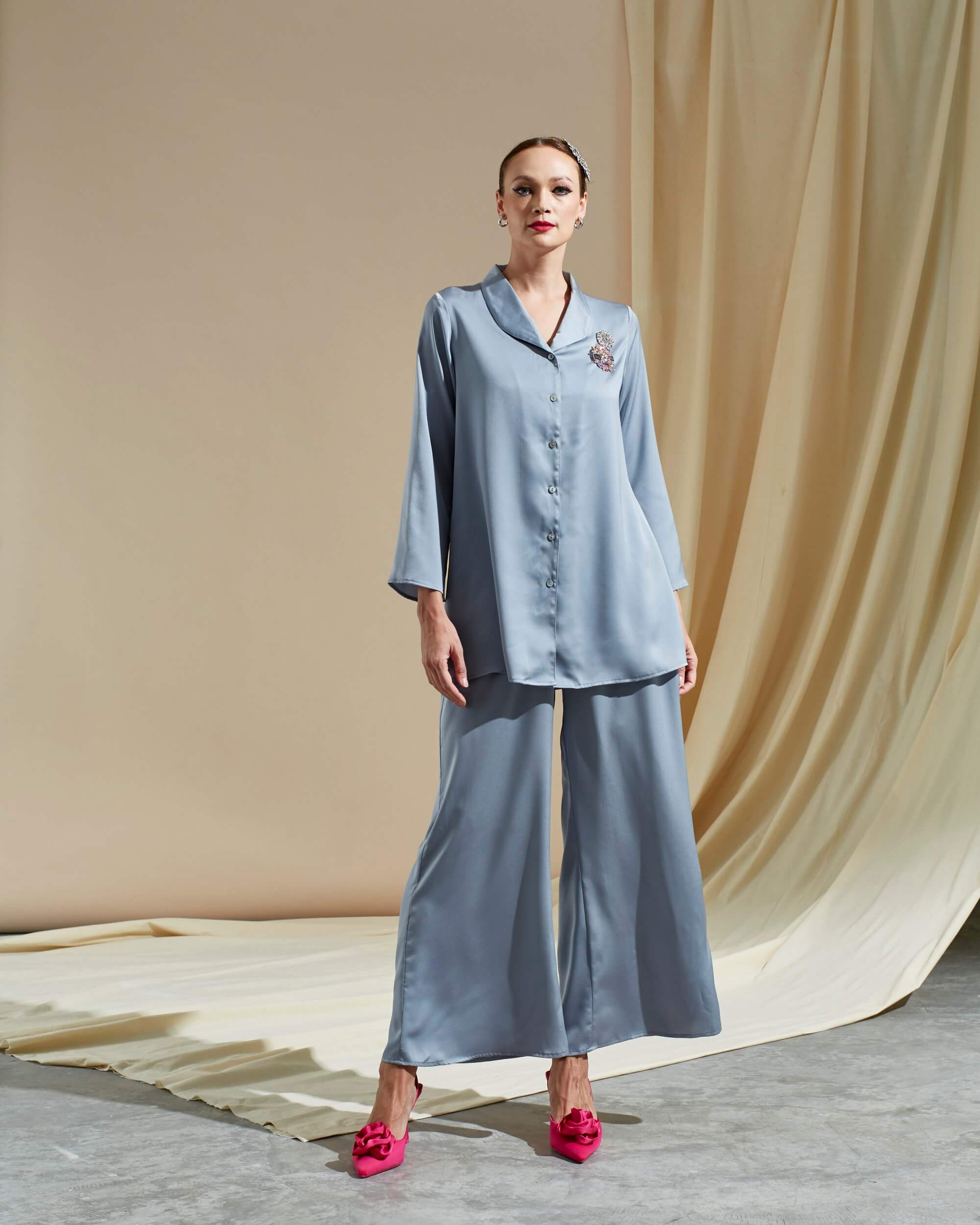 Tania Grey Shirt Blouse & Palazzo Pants (Suit) (2)
