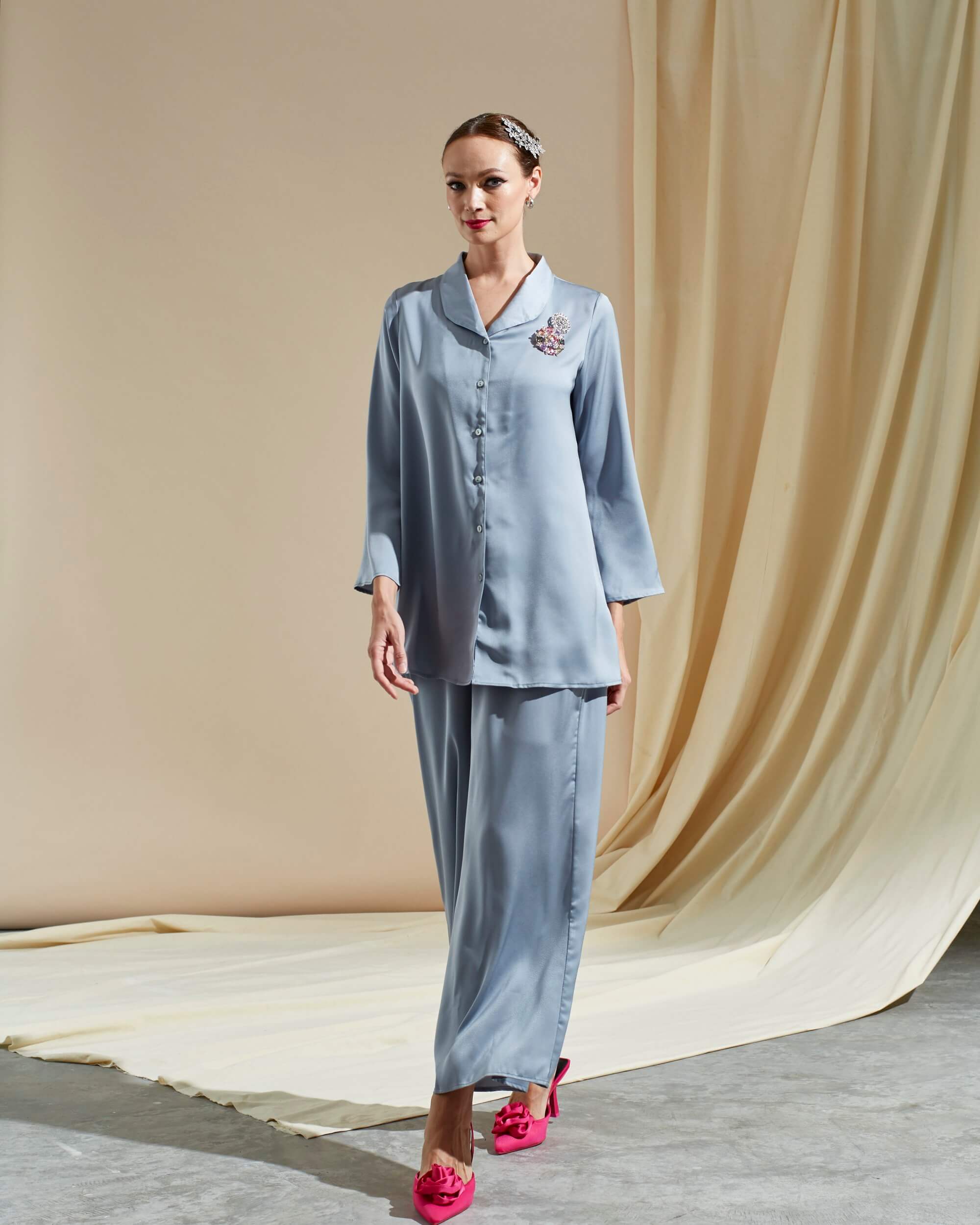 Tania Grey Shirt Blouse & Palazzo Pants (Suit) (3)