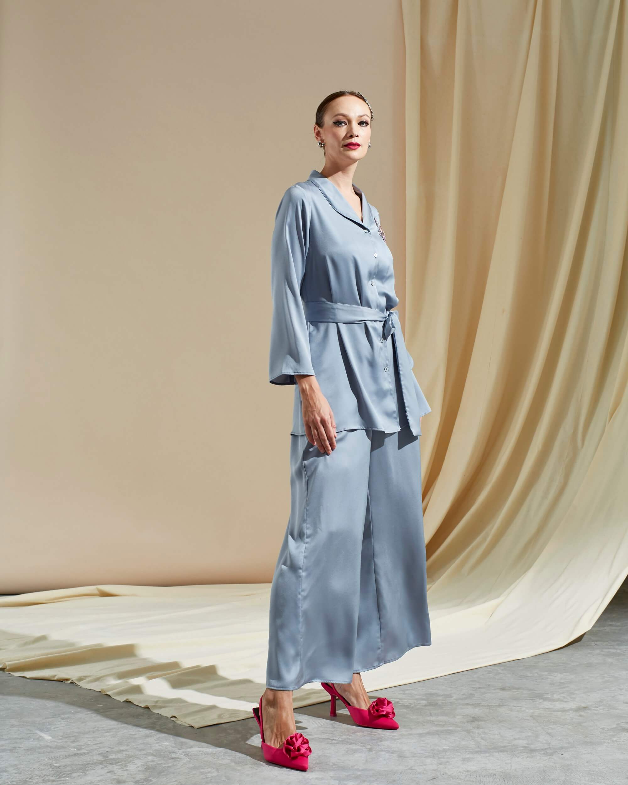 Tania Grey Shirt Blouse & Palazzo Pants (Suit) (4)