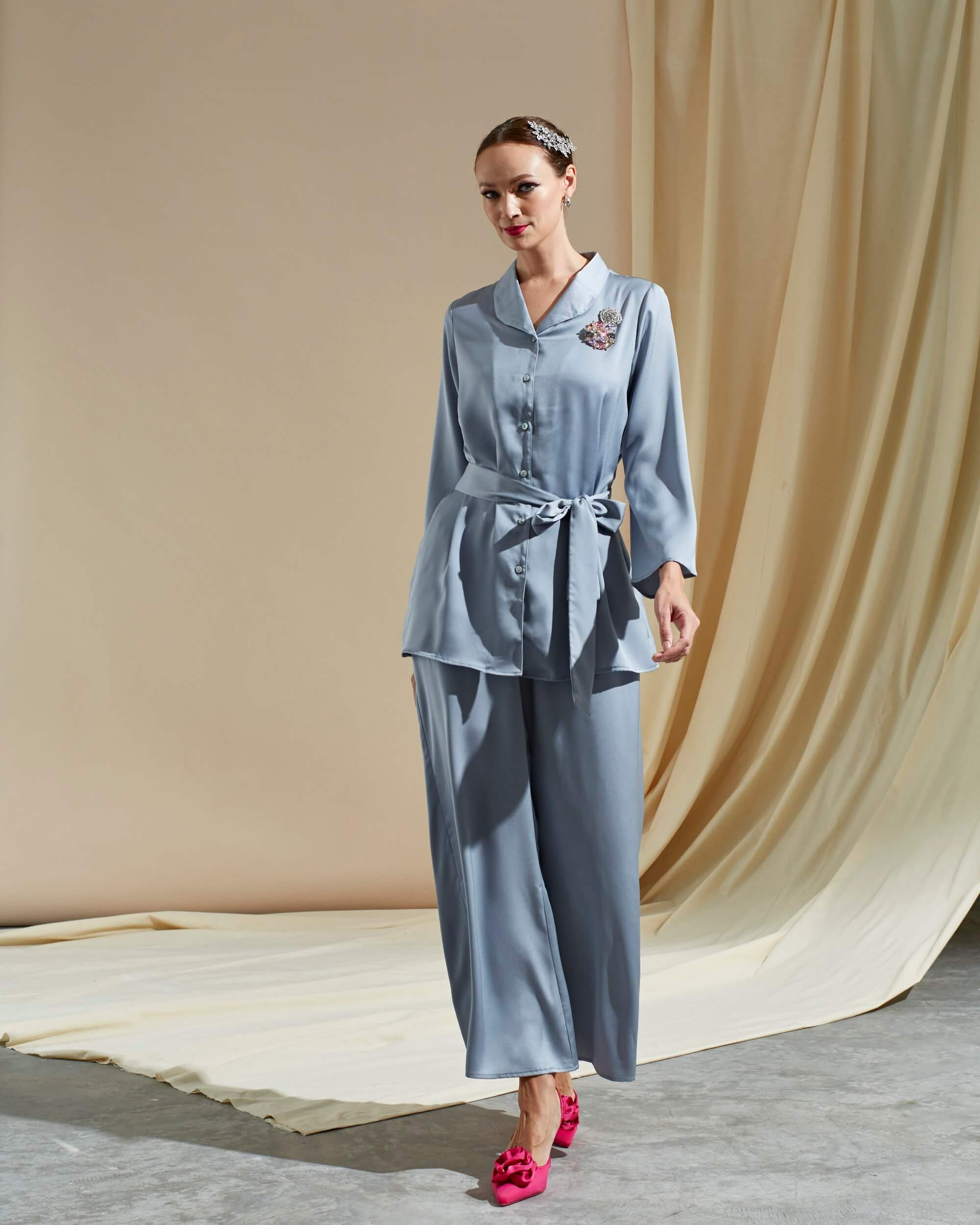 Tania Grey Shirt Blouse & Palazzo Pants (Suit)