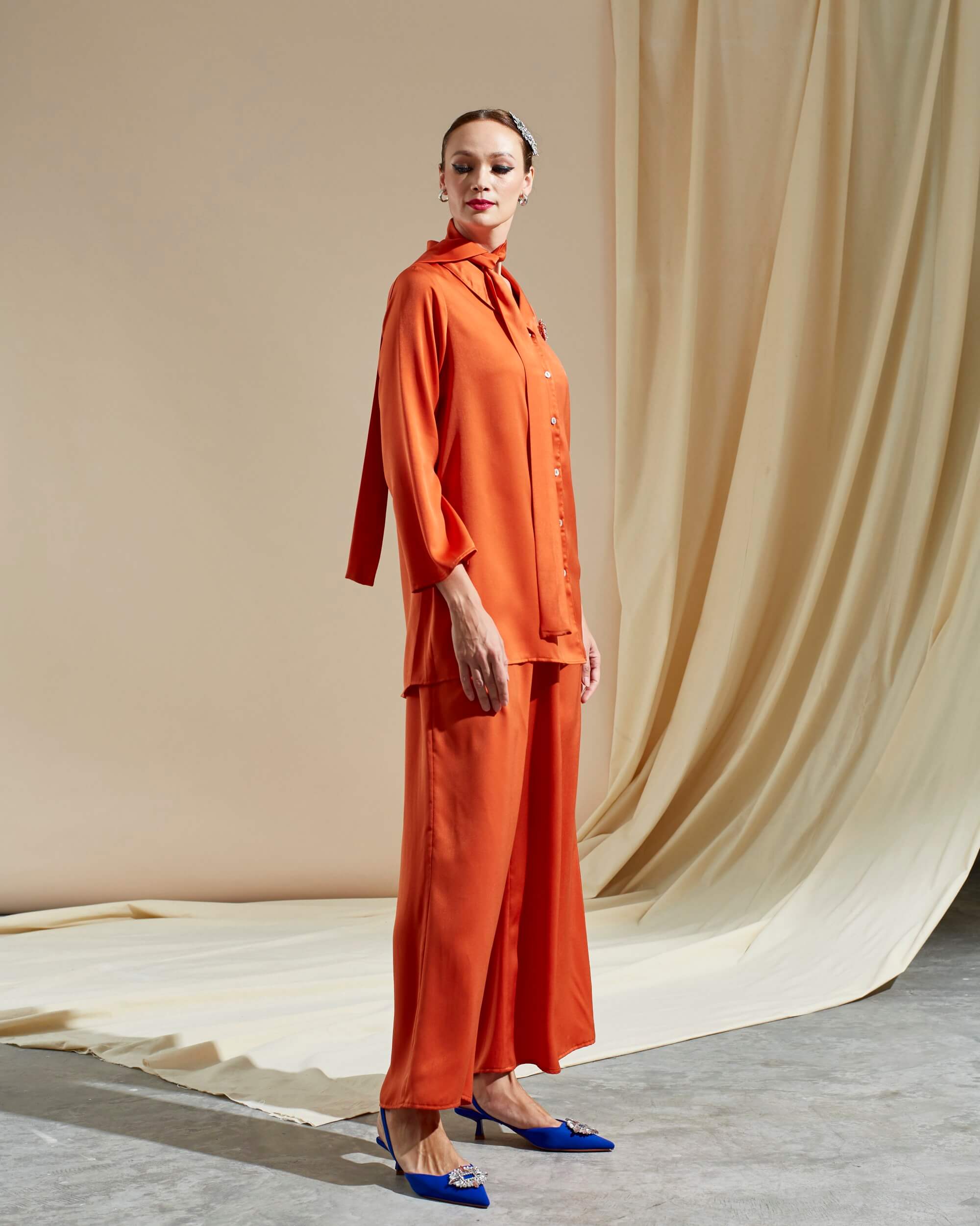 Tania Orange Shirt Blouse & Palazzo Pants (Suit) (2)
