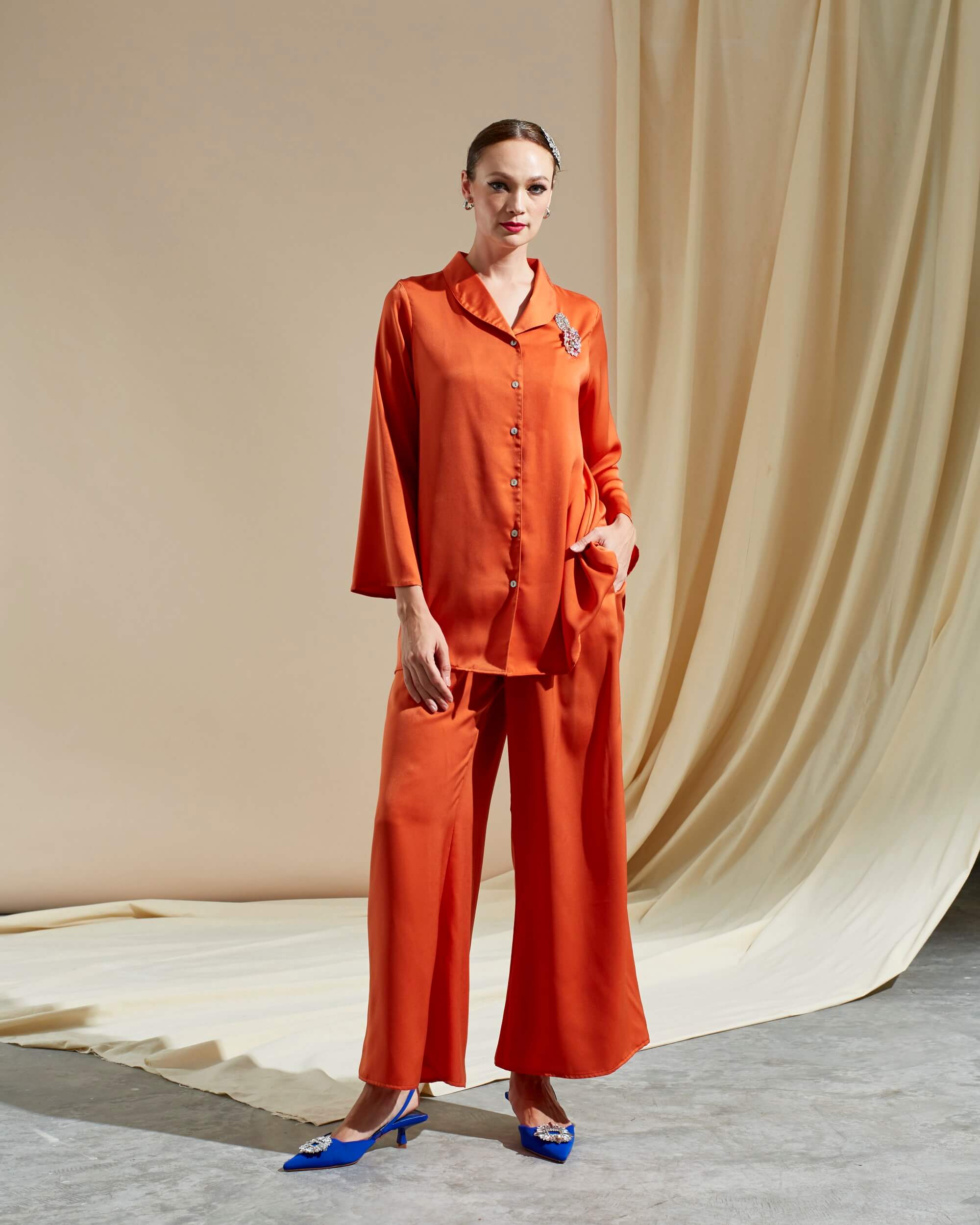 Tania Orange Shirt Blouse & Palazzo Pants (Suit) (3)