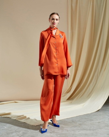 Tania Orange Shirt Blouse & Palazzo Pants (Suit)