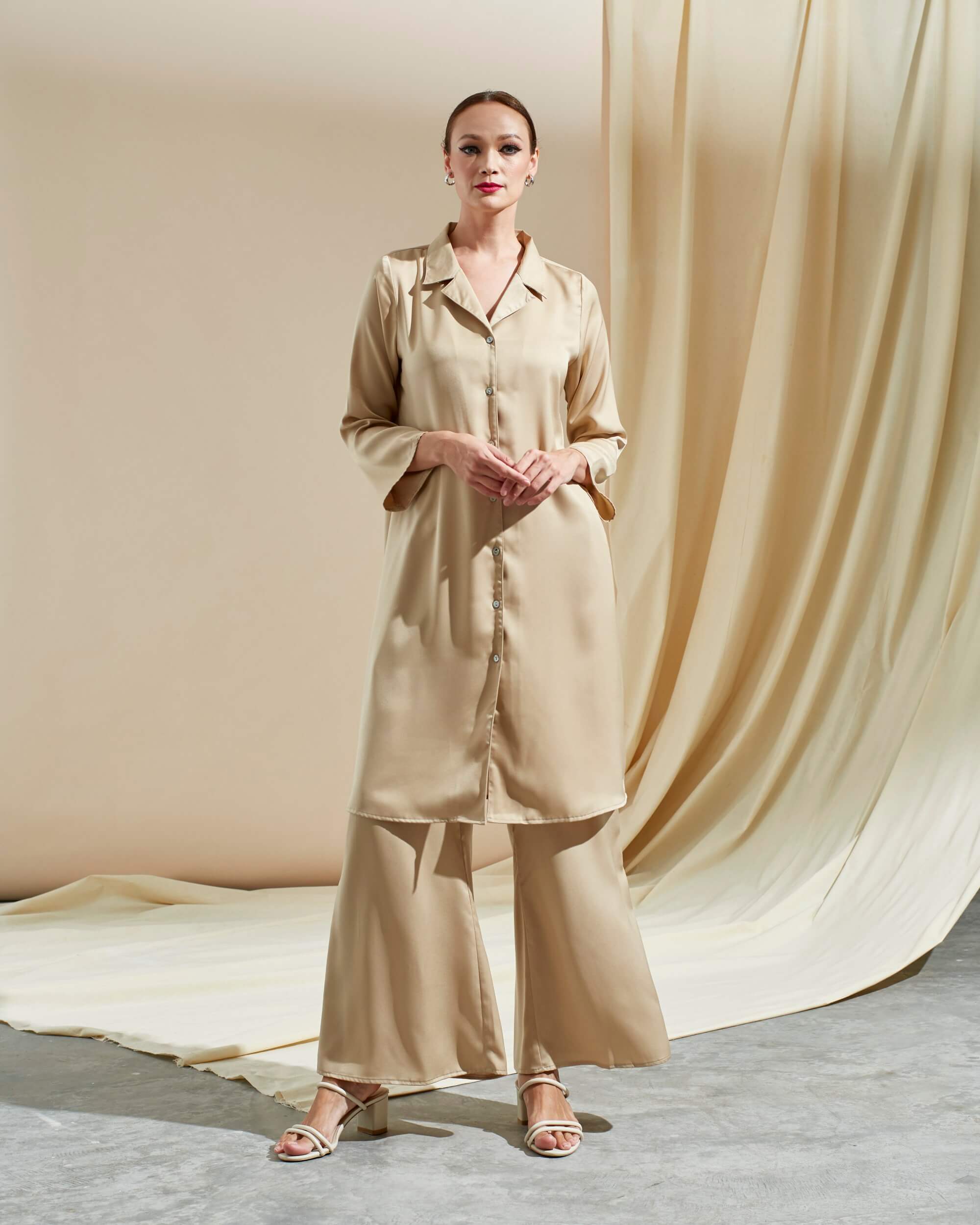 Zurin Beige Long Shirt Blouse & Palazzo Pants (Suit) (4)