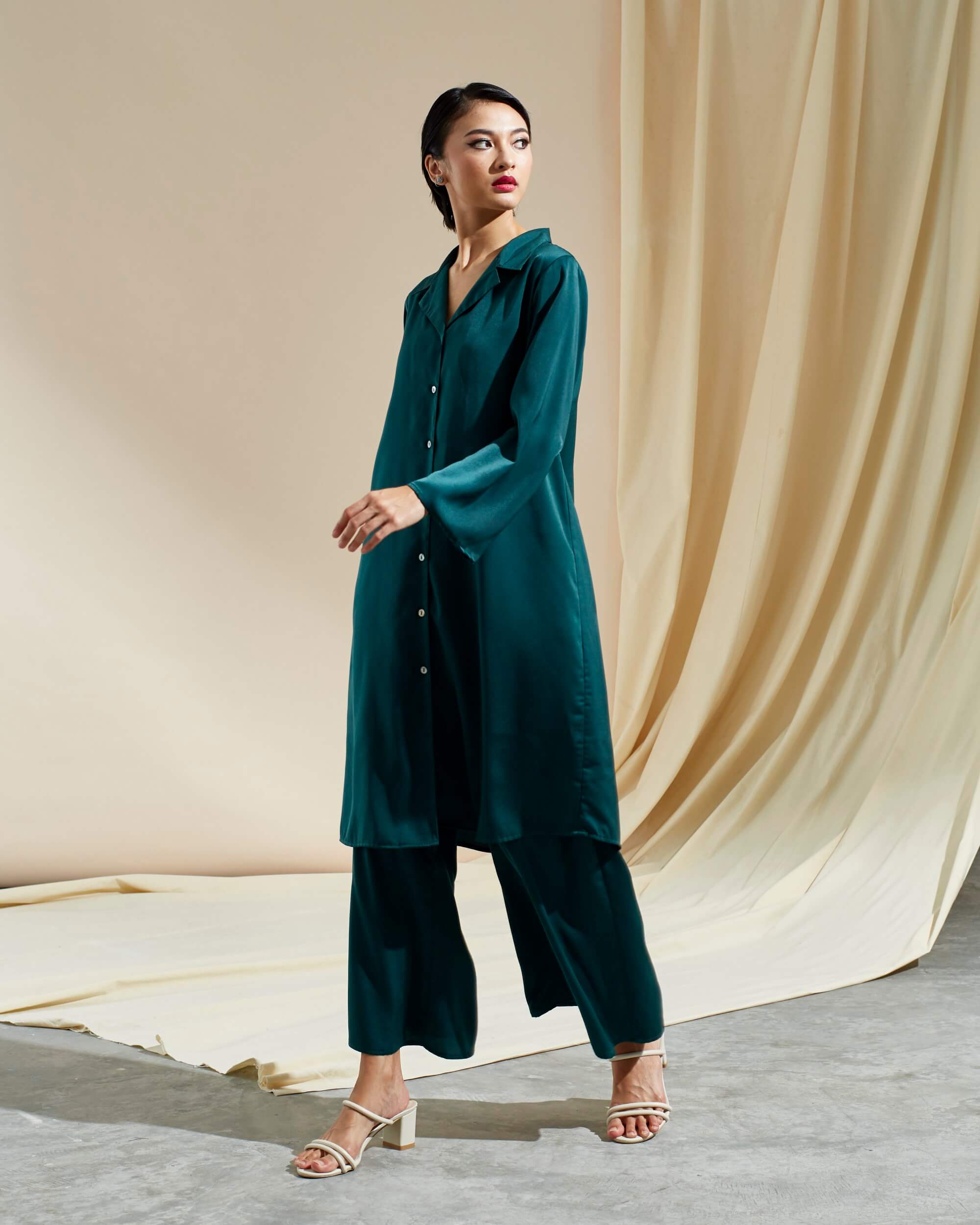 Zurin Green Long Shirt Blouse & Palazzo Pants (Suit)