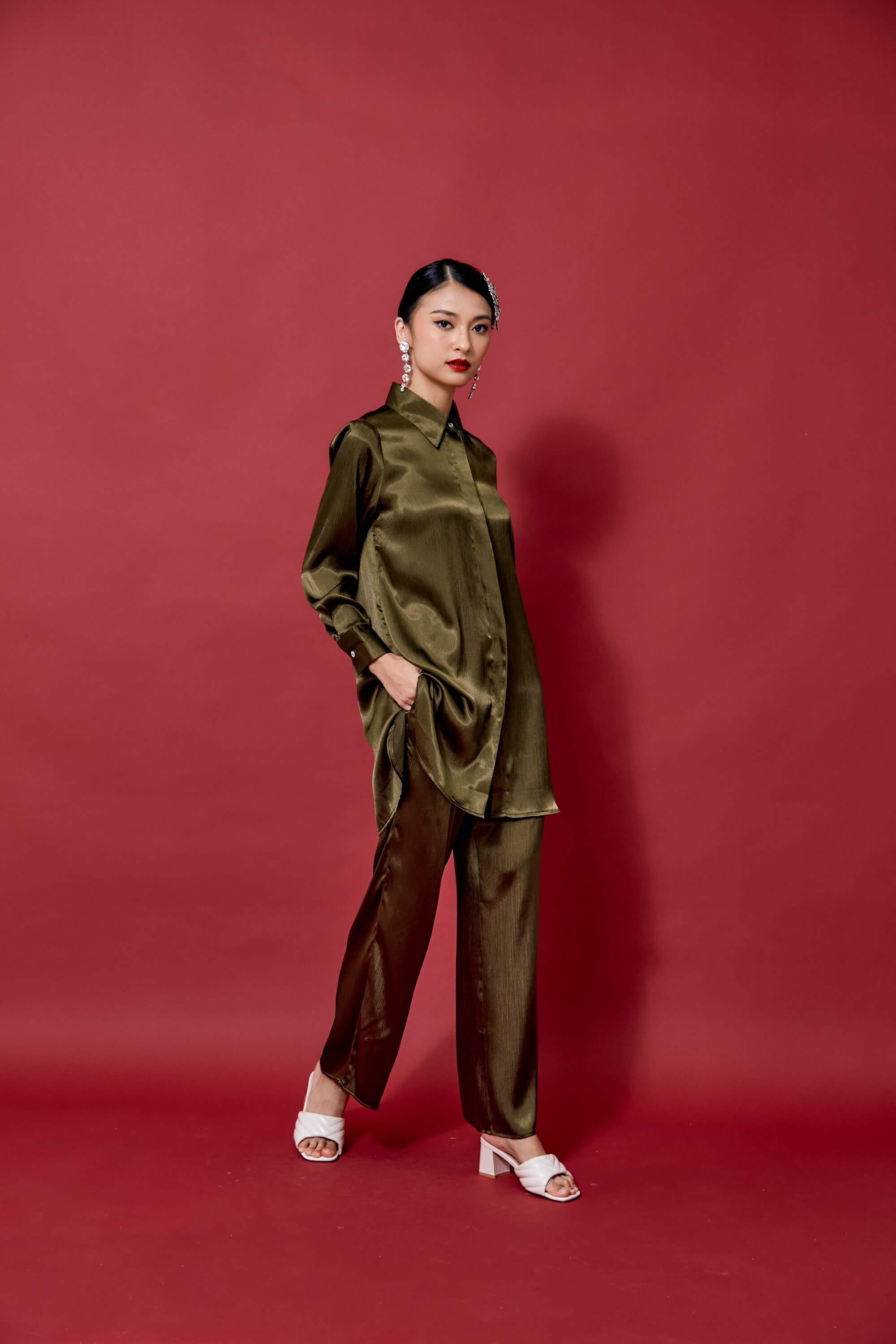 Rose Army Green Shirt Blouse & Pants Suit (2)