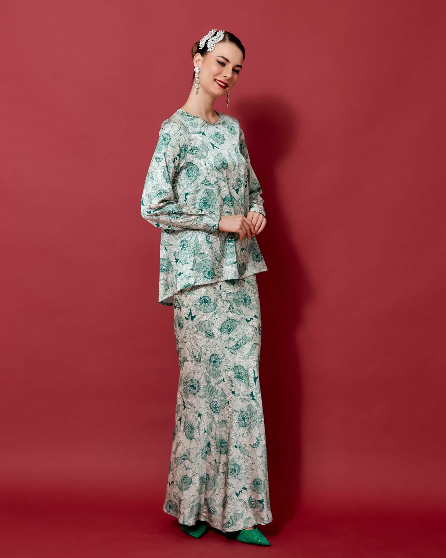 Wilma Green Floral Printed Blouse & Skirt Set