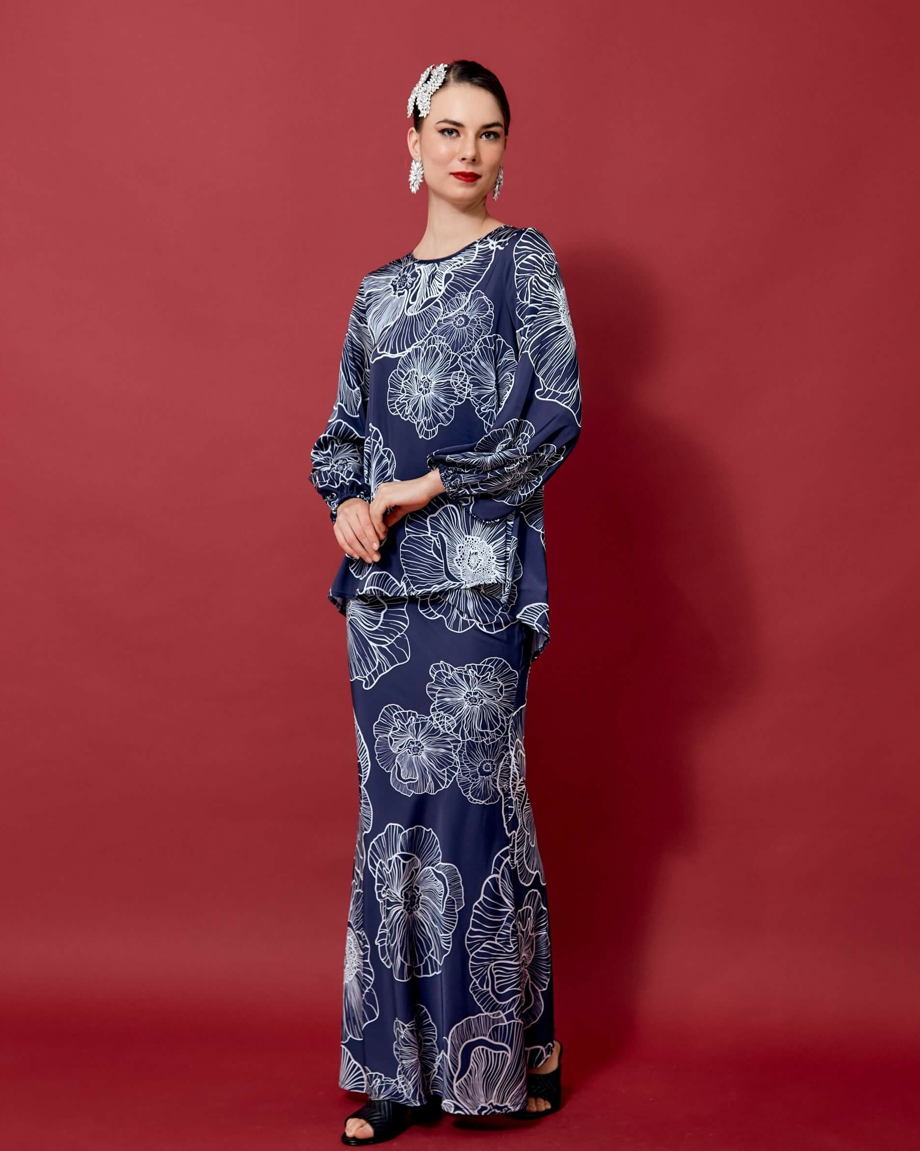 Wilma Navy Blue Floral Printed Blouse & Skirt Set (2)