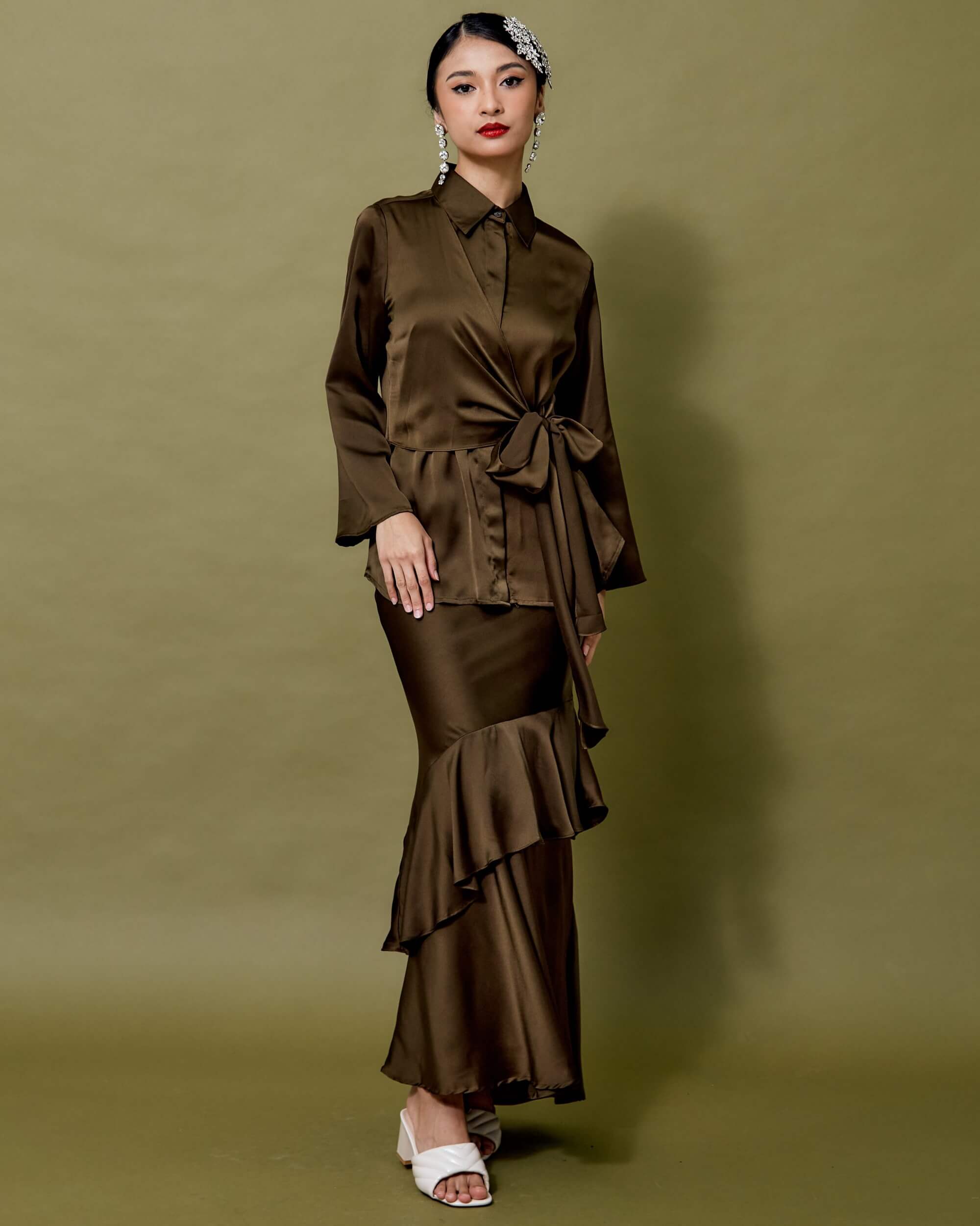 Winona Army Green Tie Front Shirt Blouse & Skirt Set (2)
