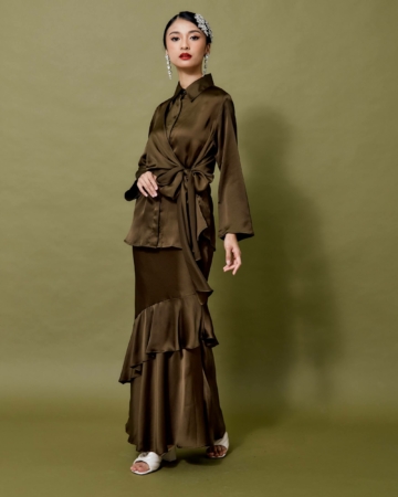 Winona Army Green Tie Front Shirt Blouse & Skirt Set