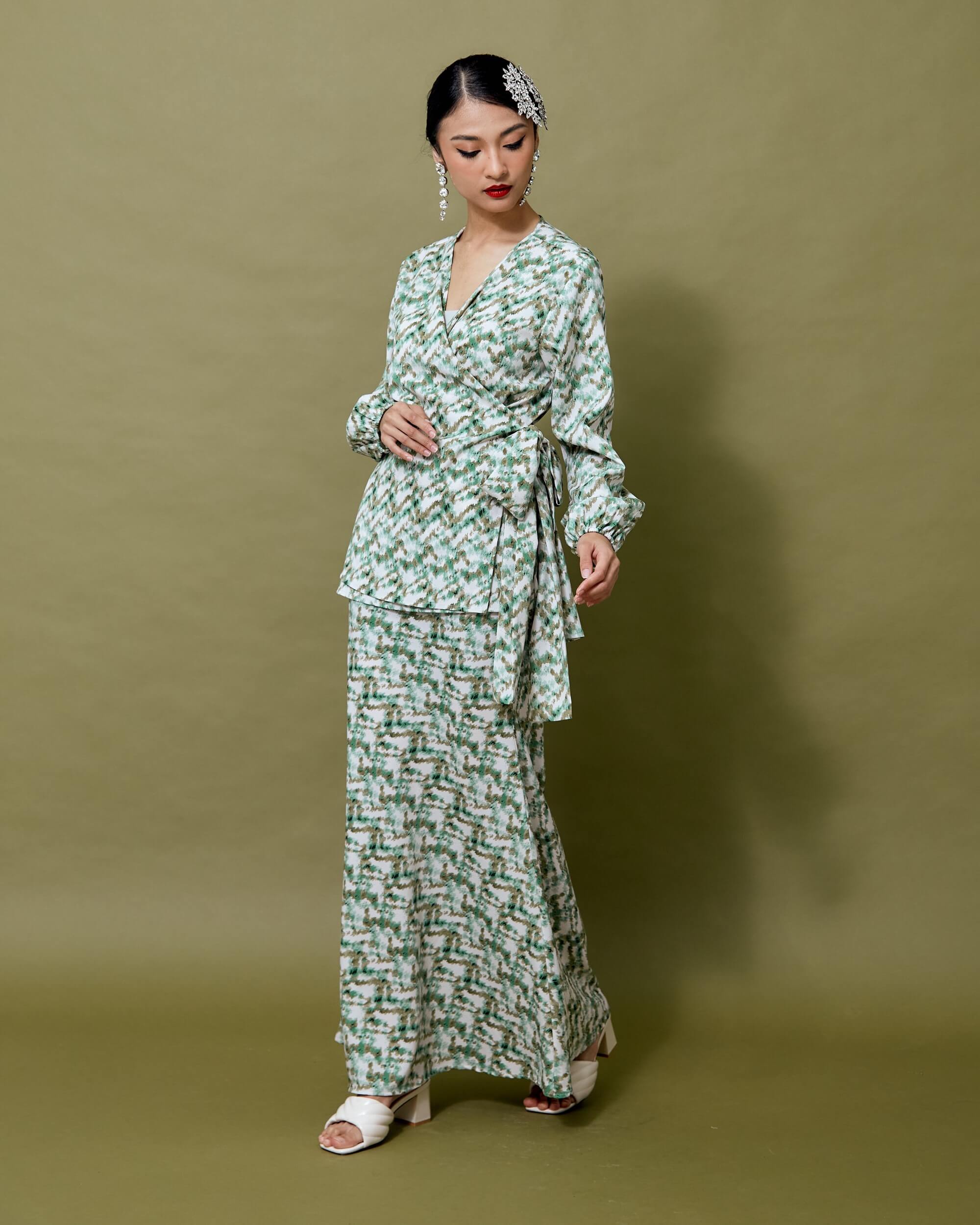 Winona Green Water Colour Printed Wrap Blouse & Skirt Set (4)