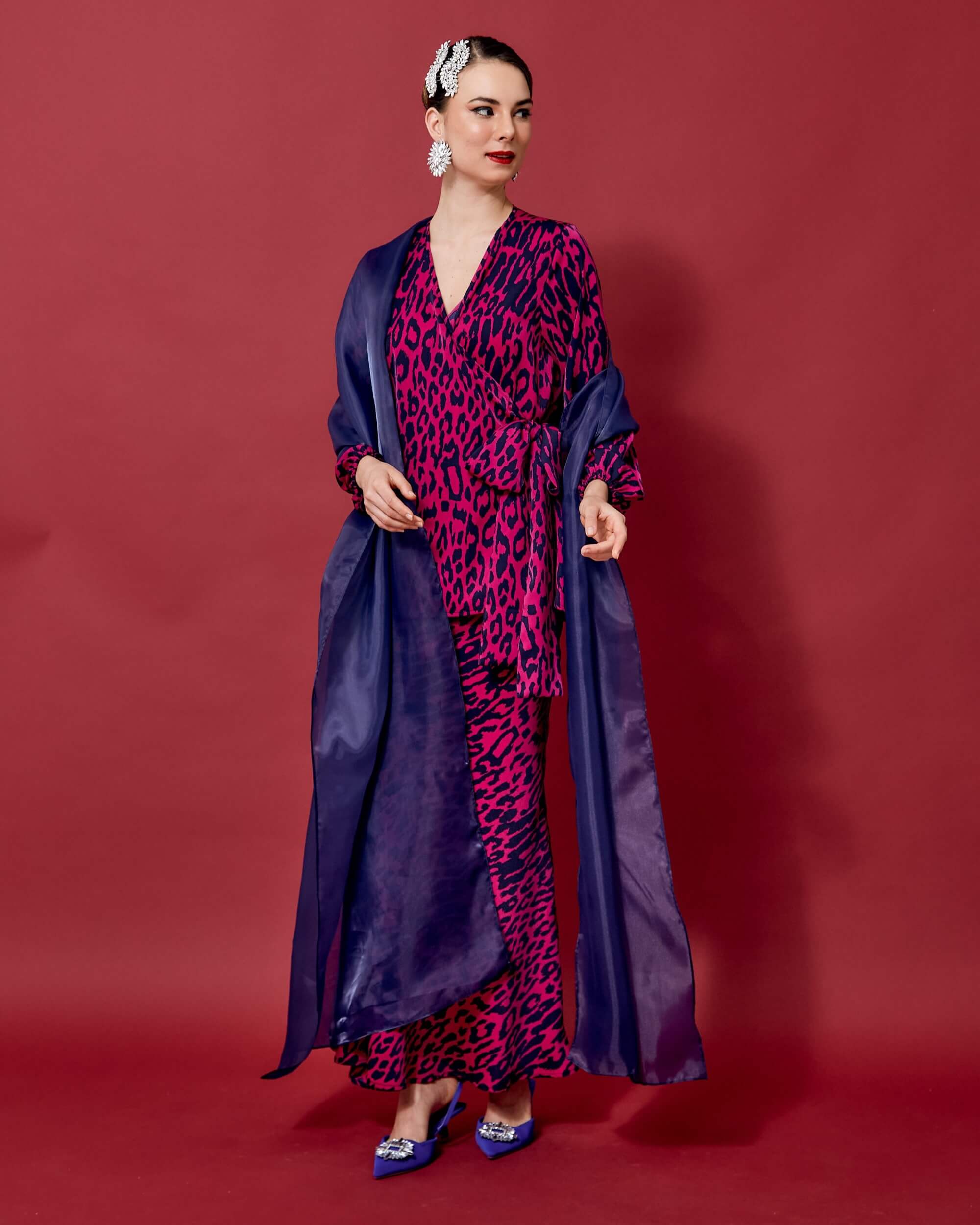 Winona Magenta Lepard Printed Wrap Blouse & Skirt Set (3)
