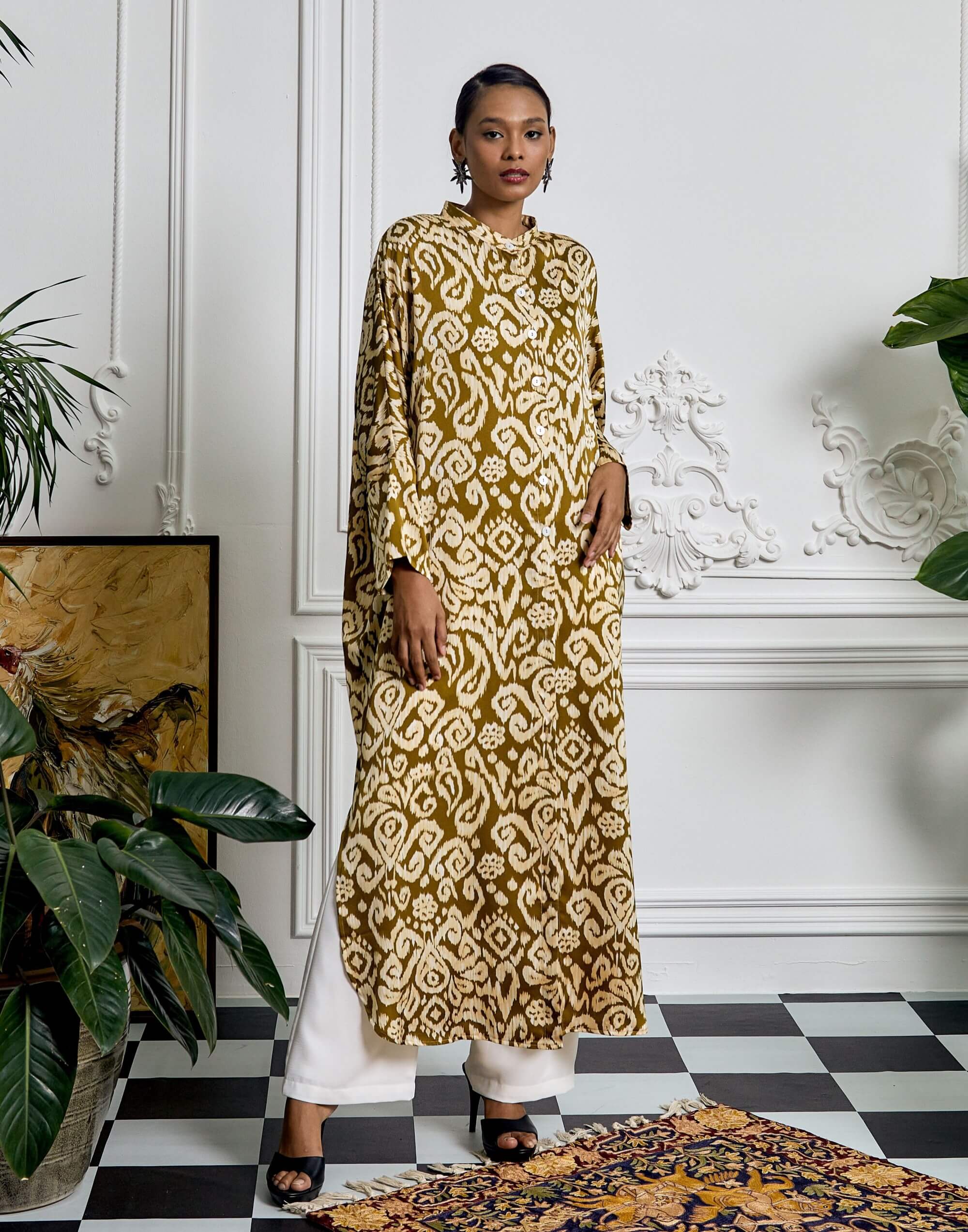Bainun Olive Green Brown Ikat Printed Dress (2)