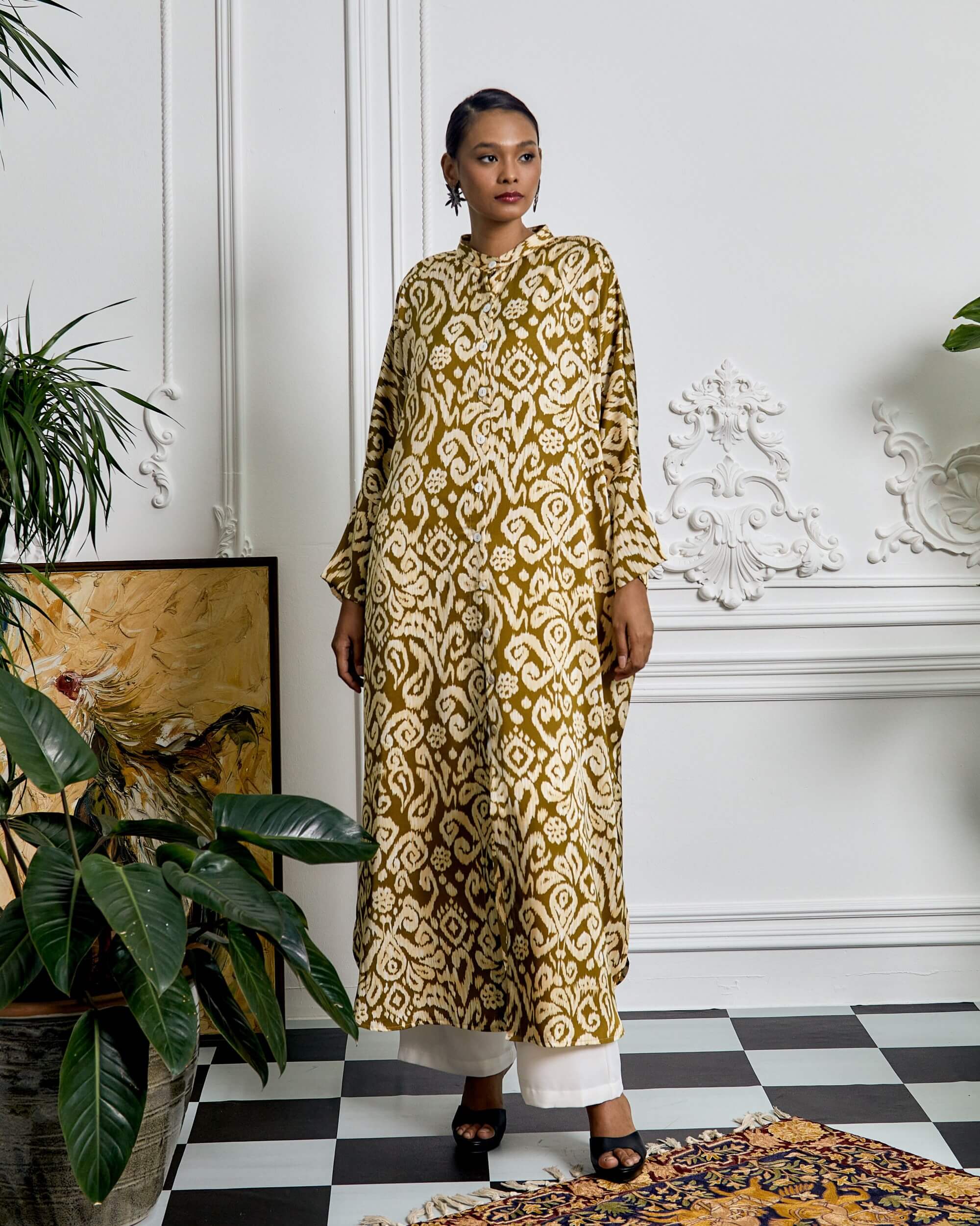 Bainun Olive Green Brown Ikat Printed Dress (3)