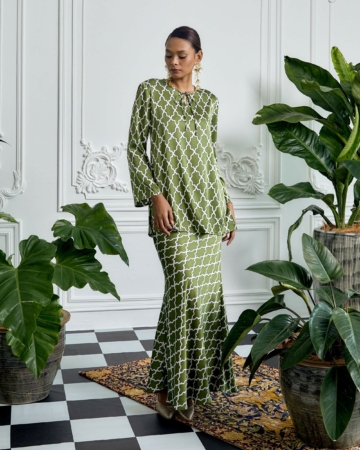 Najla Green Graphic Printed Blouse & Skirt Set