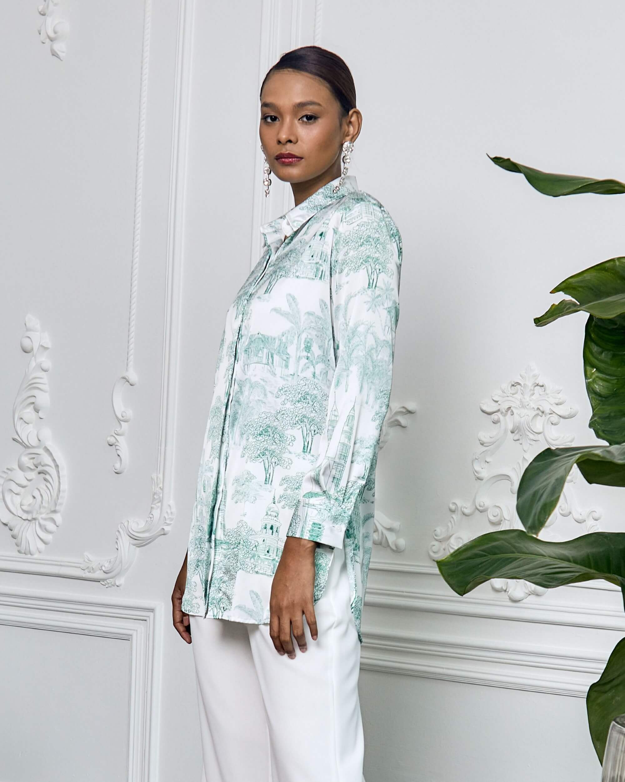 Naomi White Green Toile De Jouy Printed Shirt Blouse (2)