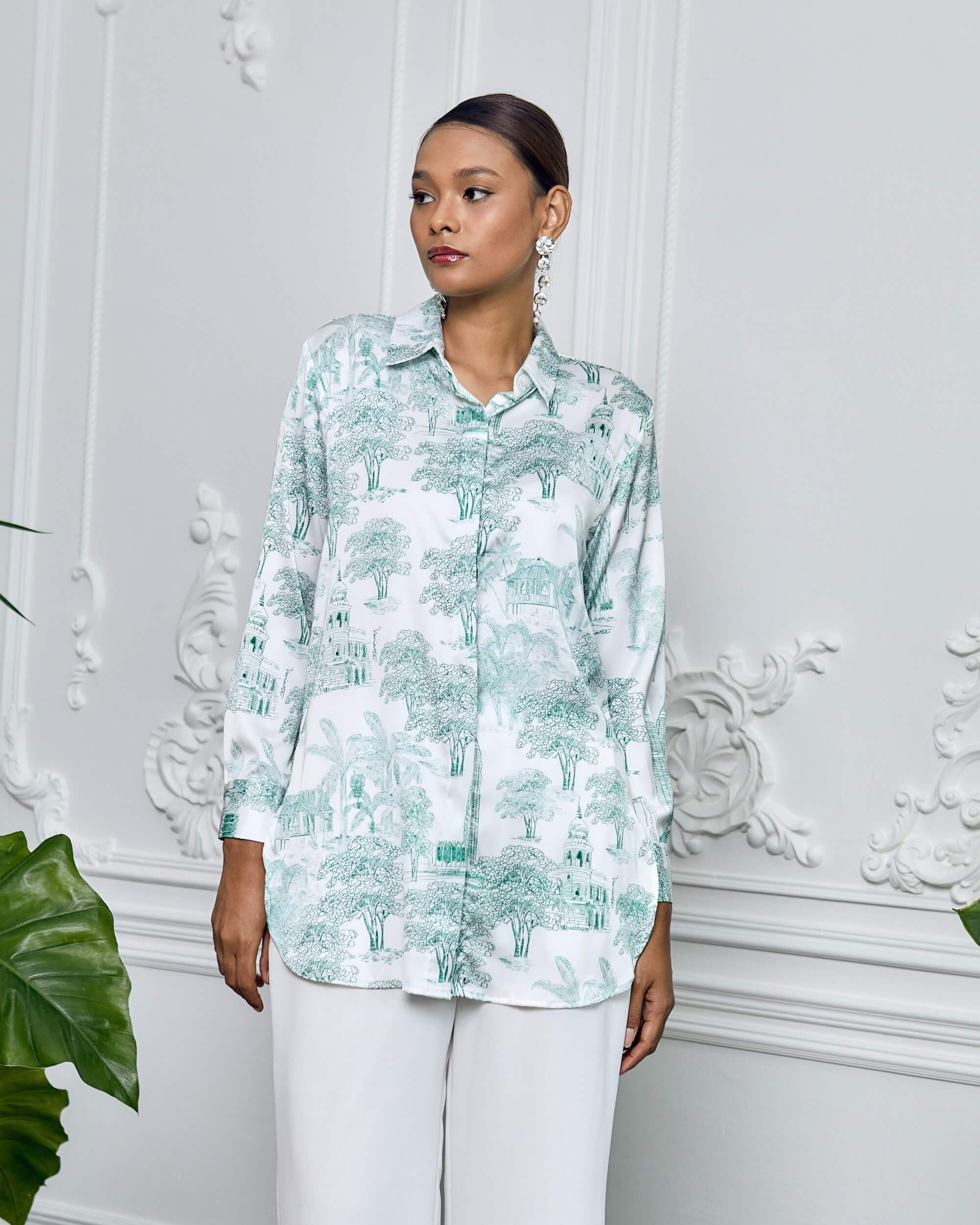 Naomi White Green Toile De Jouy Printed Shirt Blouse (3)
