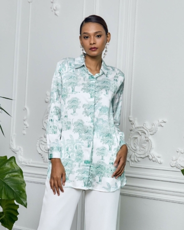Naomi White Green Toile De Jouy Printed Shirt Blouse