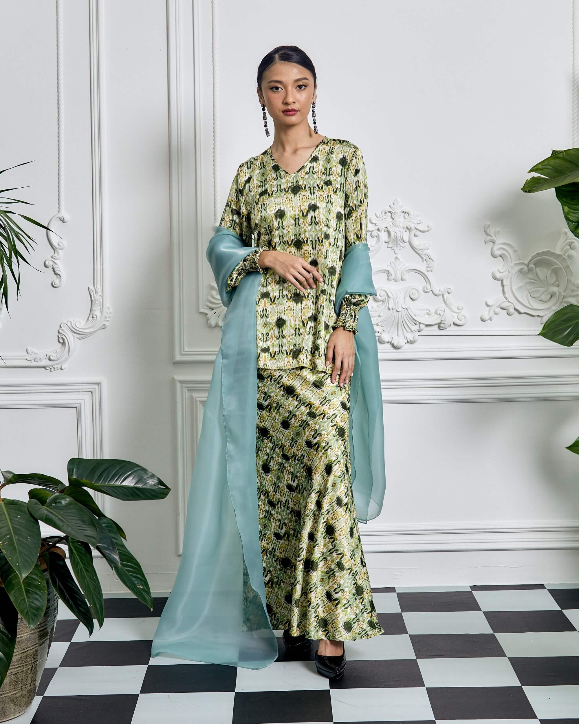 Nelly Green Ikat Printed Blouse & Skirt Set