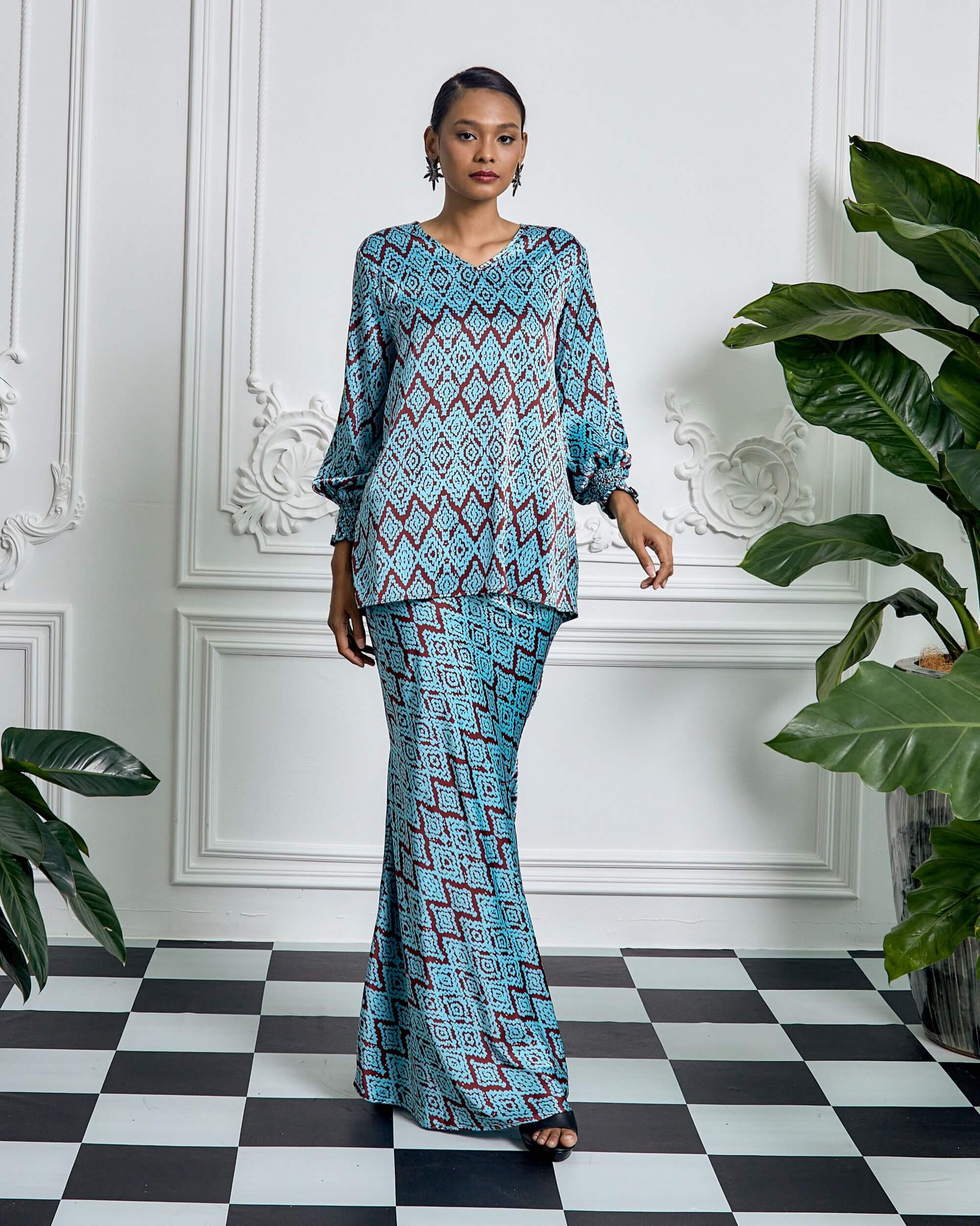 Nelly Turquoise Batik Printed Blouse & Skirt Set