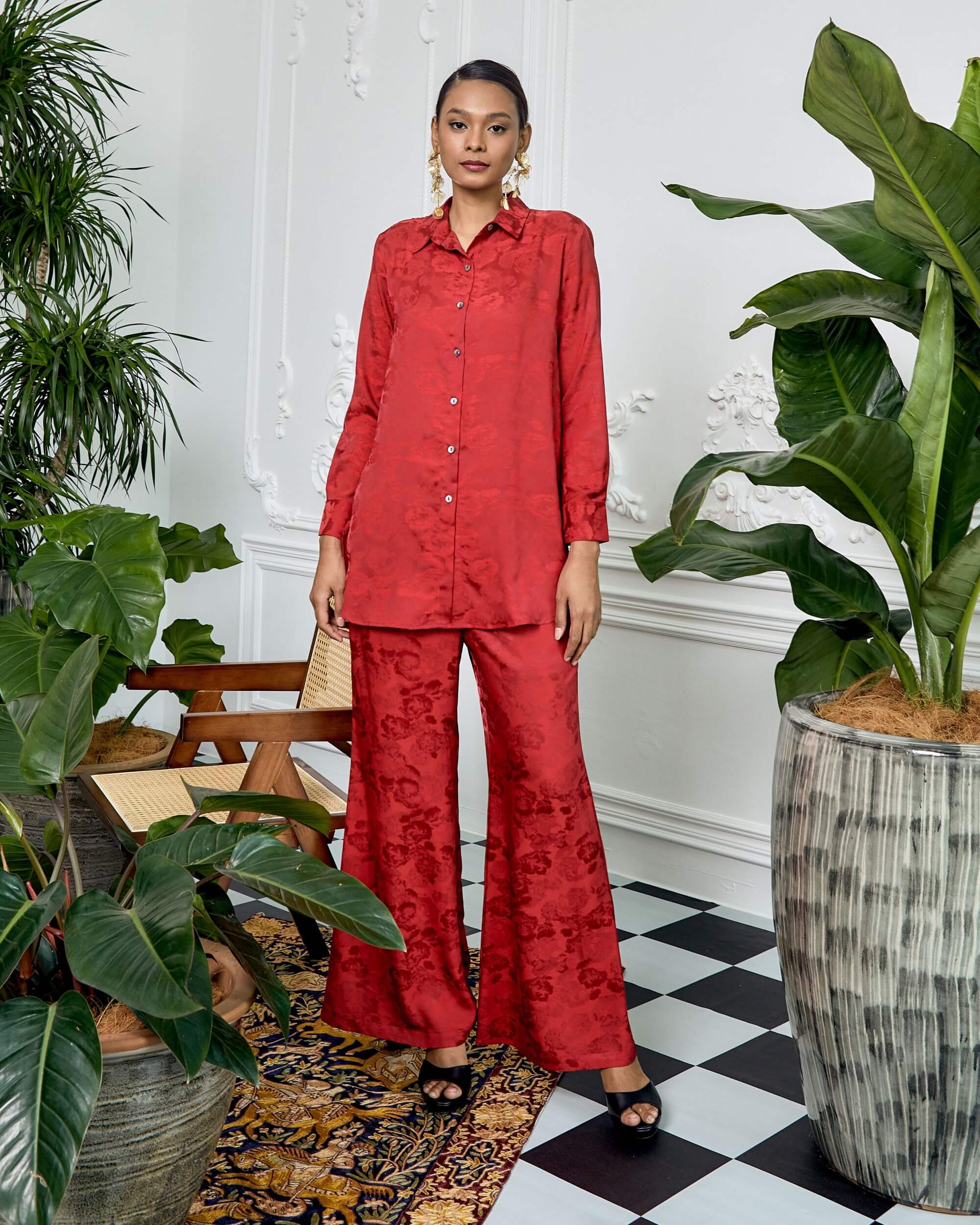 Niki Red Floral Printed Shirt Blouse & Pants Suit (2)