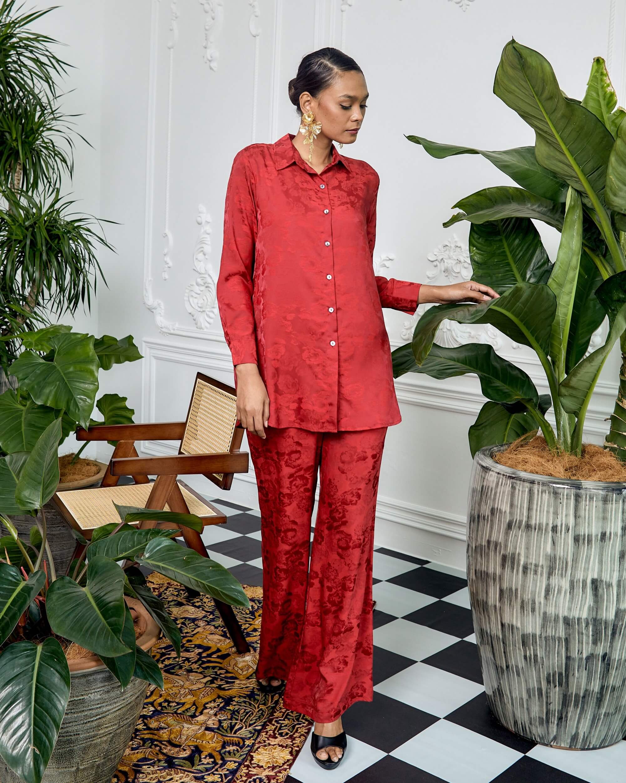 Niki Red Floral Printed Shirt Blouse & Pants Suit (4)