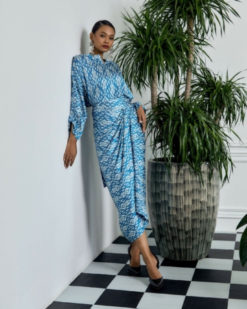 Nilam Blue Ikat Printed Blouse & Pario Skirt Set