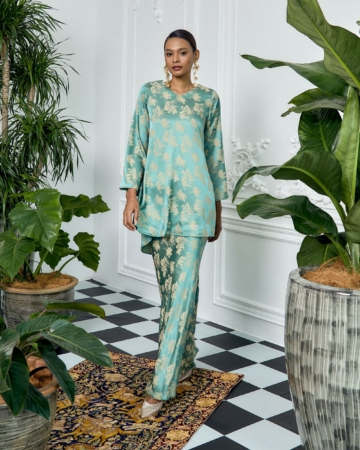 Radia Green Floral Jacquard Blouse & Skirt Set