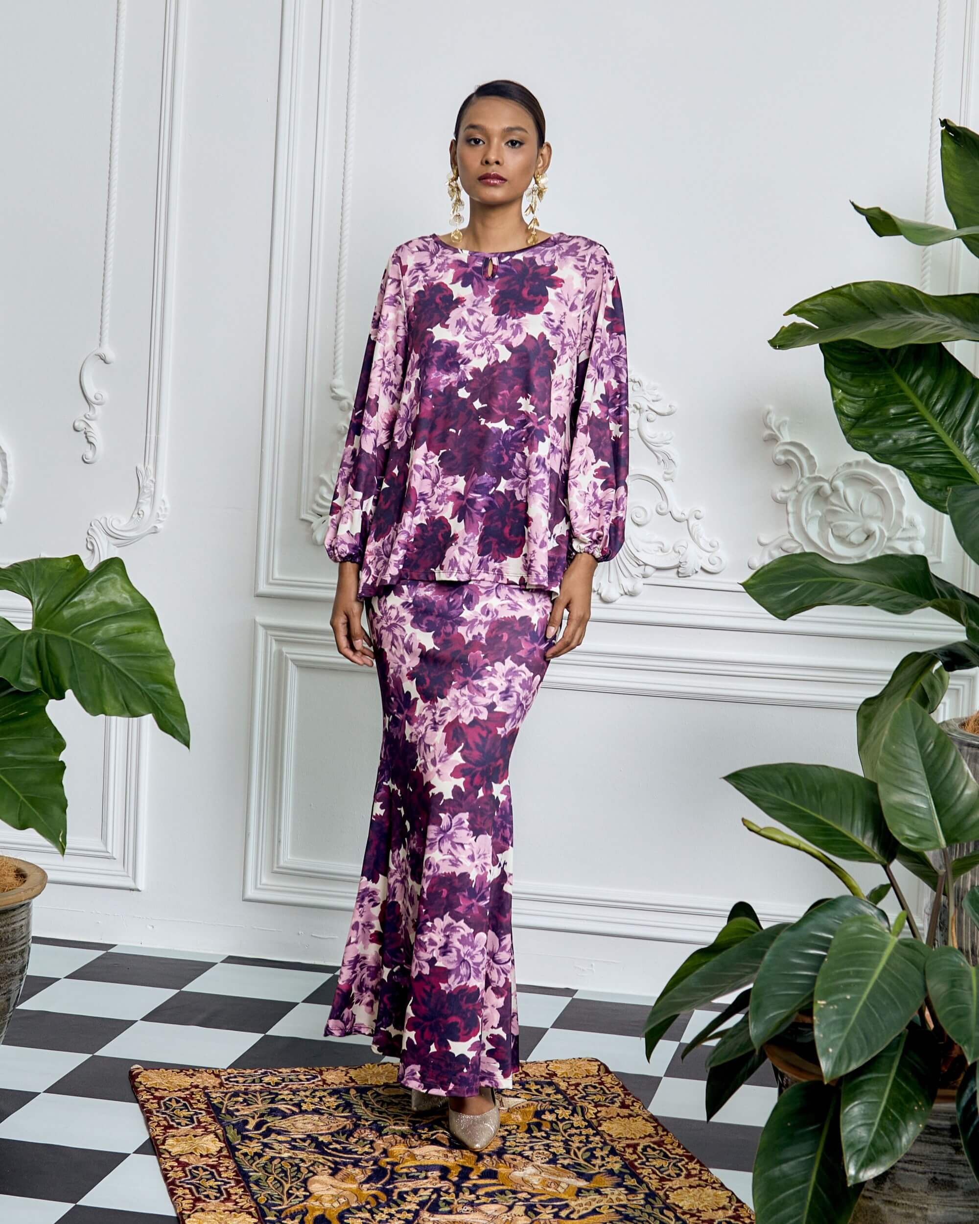 Willa Purple Floral Printed Blouse & Skirt Set (2)