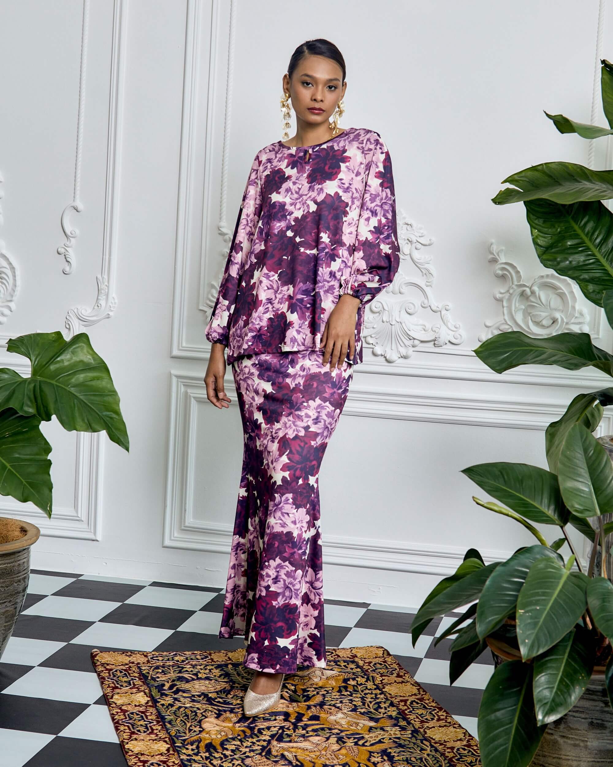 Willa Purple Floral Printed Blouse & Skirt Set (3)