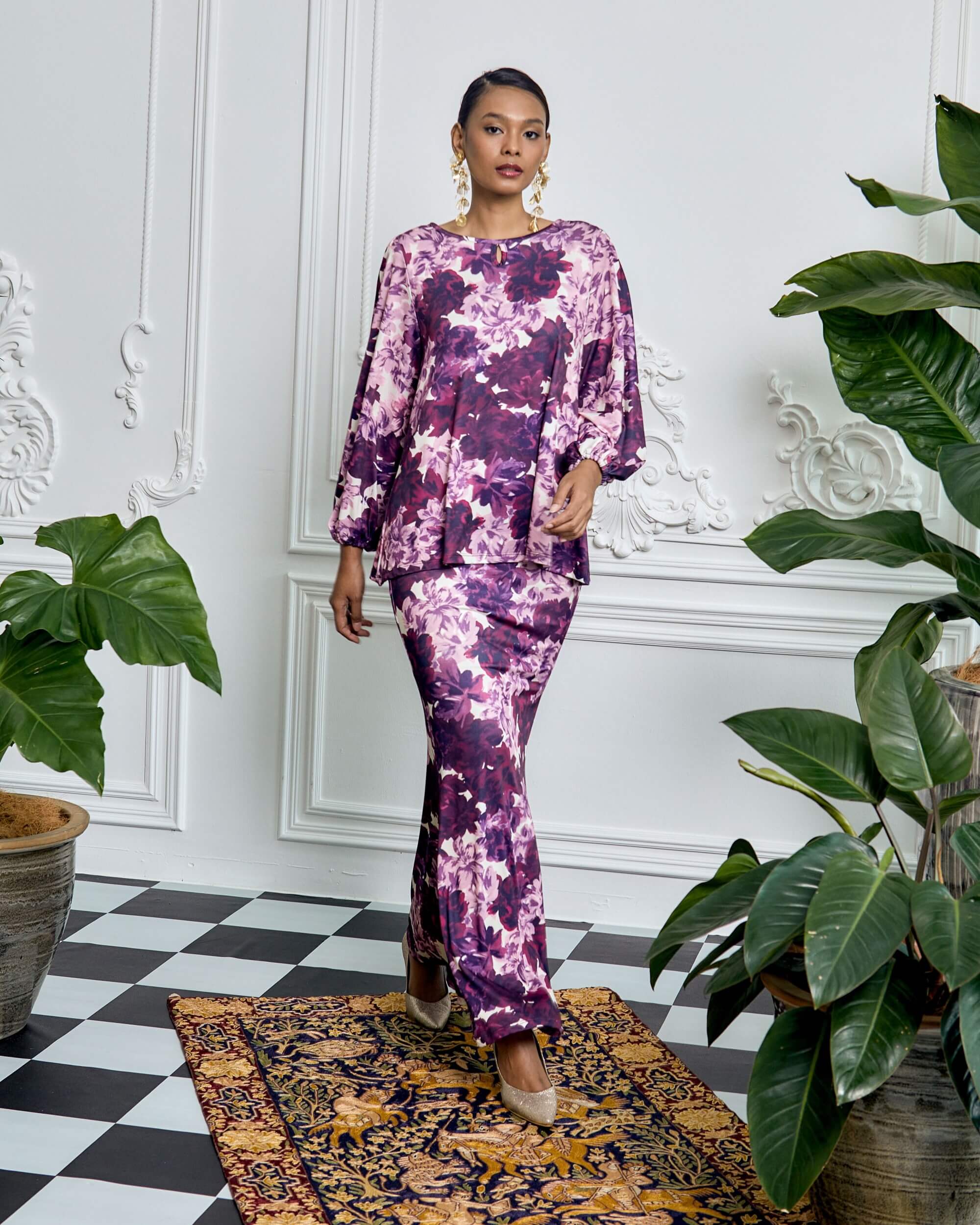 Willa Purple Floral Printed Blouse & Skirt Set