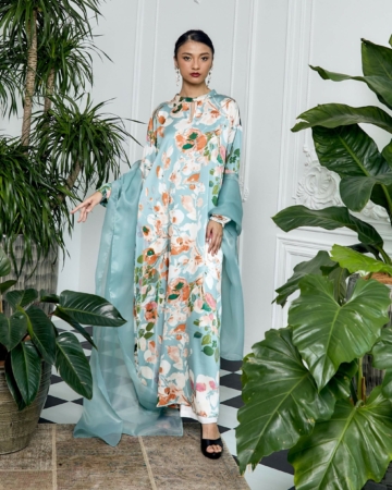 Bainun Turquoise Floral Printed Dress